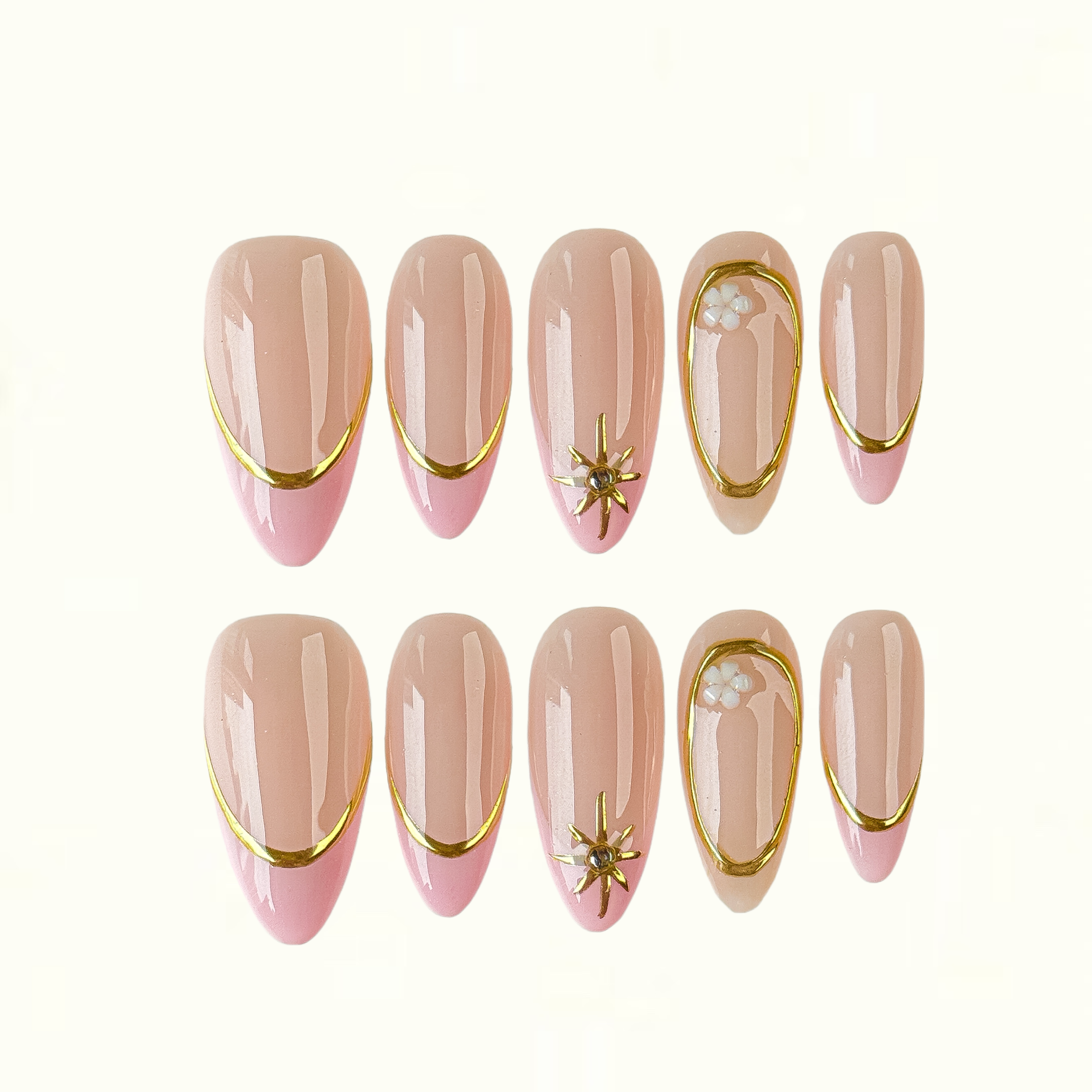 Blush Grace Pink French Tip Press on Nails with Gold Outline