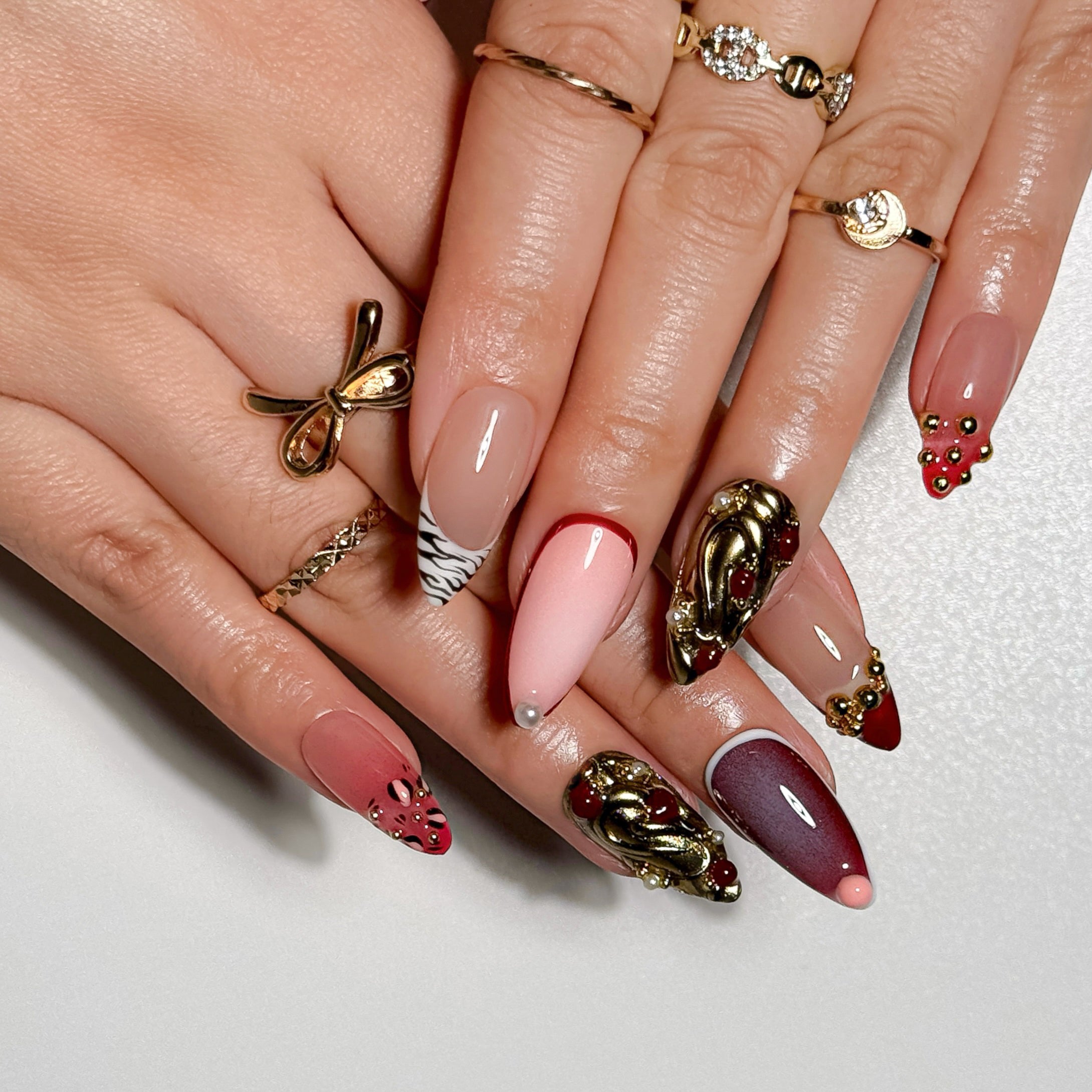 Blush Gilded Romance Elegant Pink Press on Nails with 3D Gold Florals