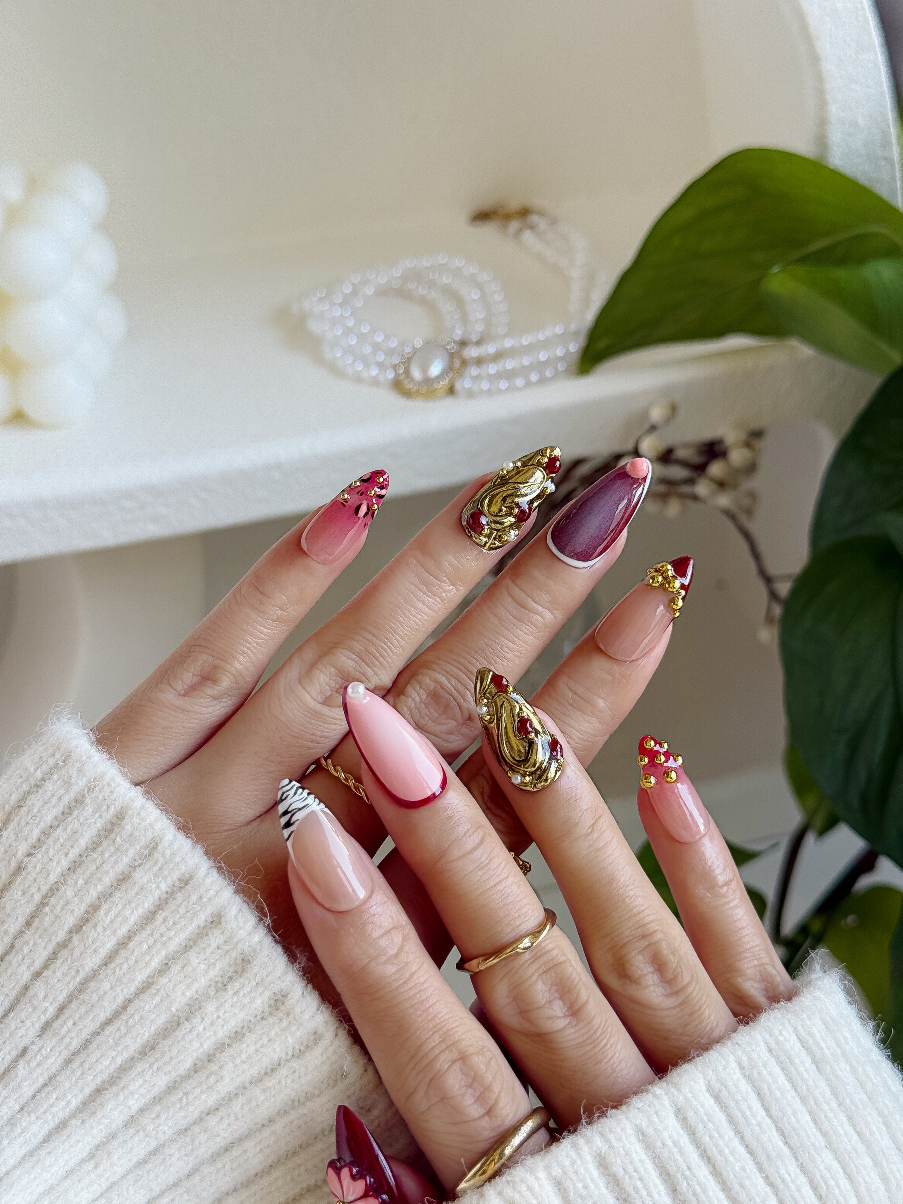 Blush Gilded Romance Elegant Pink Press on Nails with 3D Gold Florals