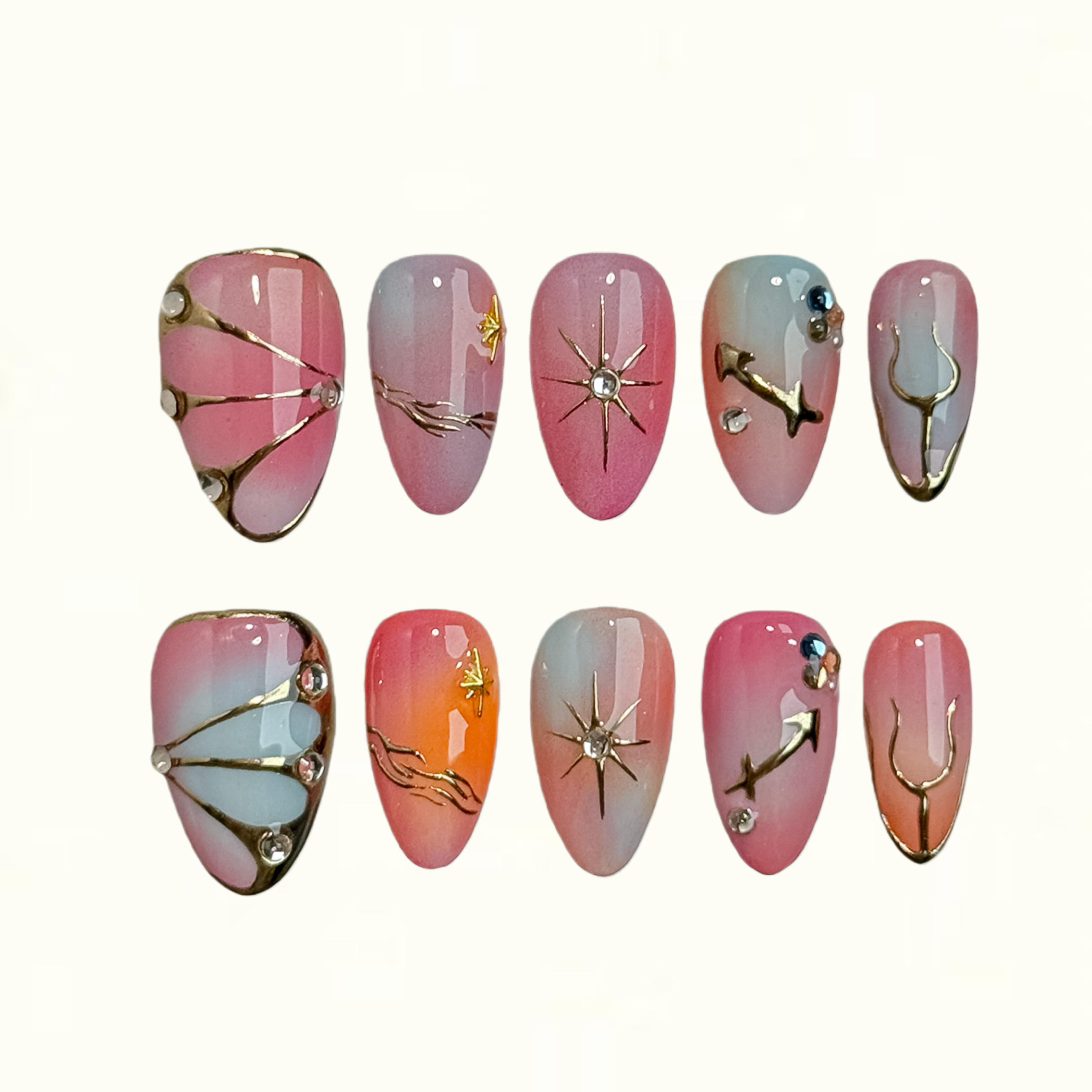 Butterfly Glam Pink to Blue Gradient Press on Nails with Gold Stars