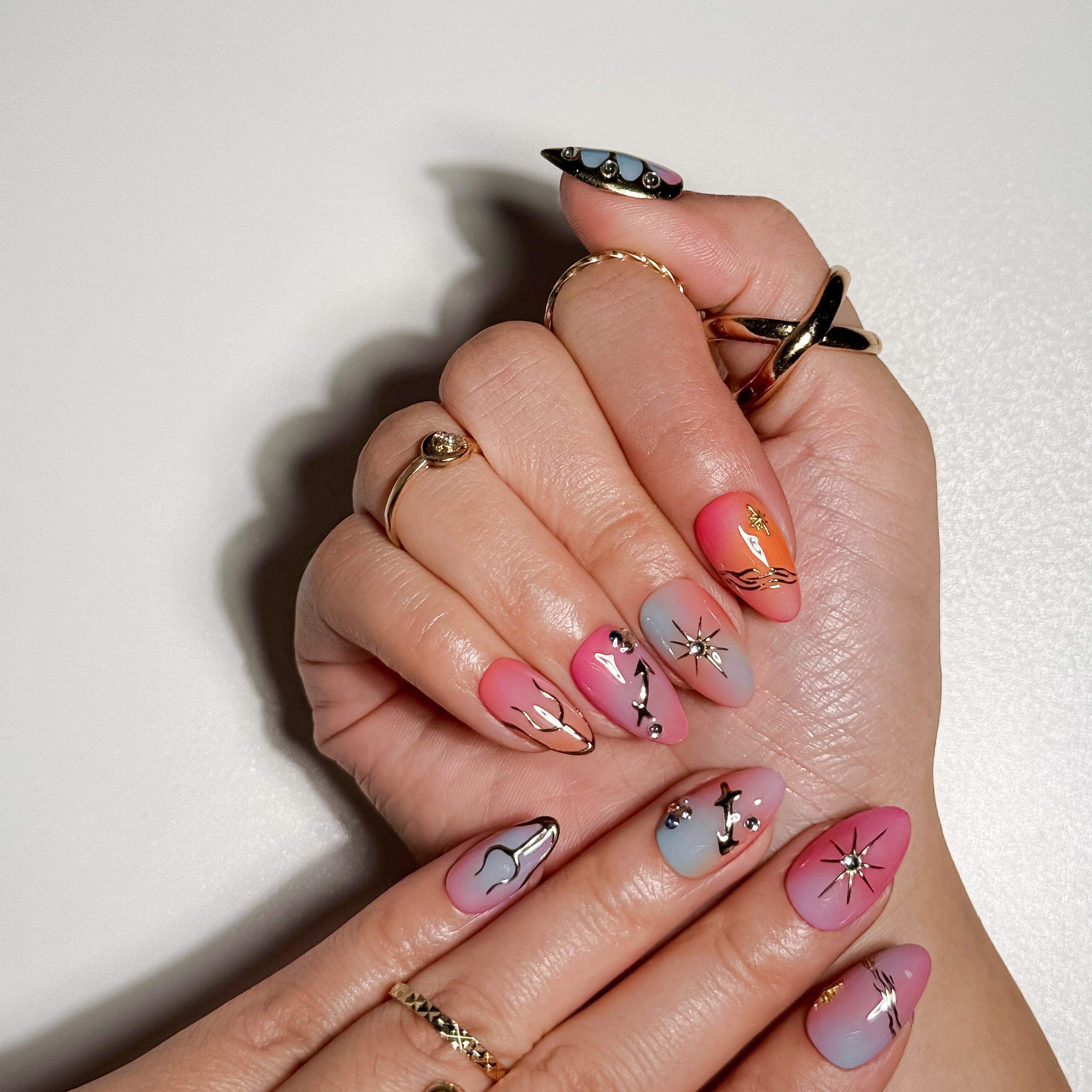 Butterfly Glam Pink to Blue Gradient Press on Nails with Gold Stars
