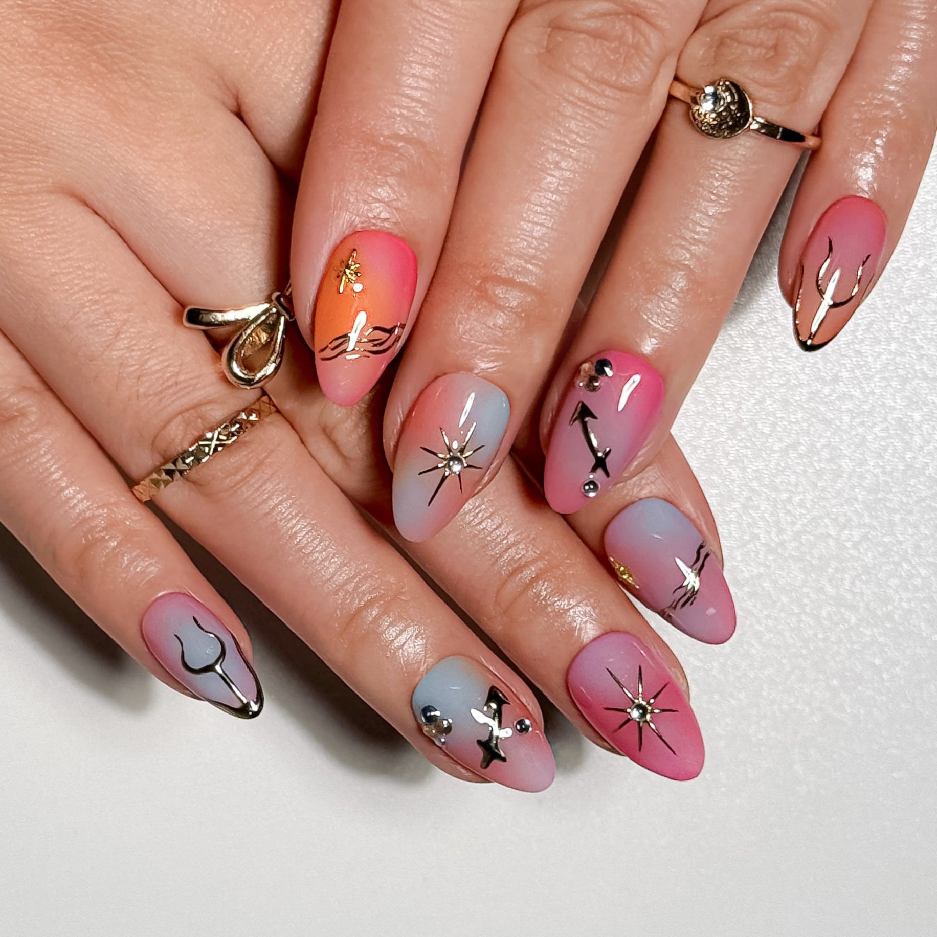 Butterfly Glam Pink to Blue Gradient Press on Nails with Gold Stars