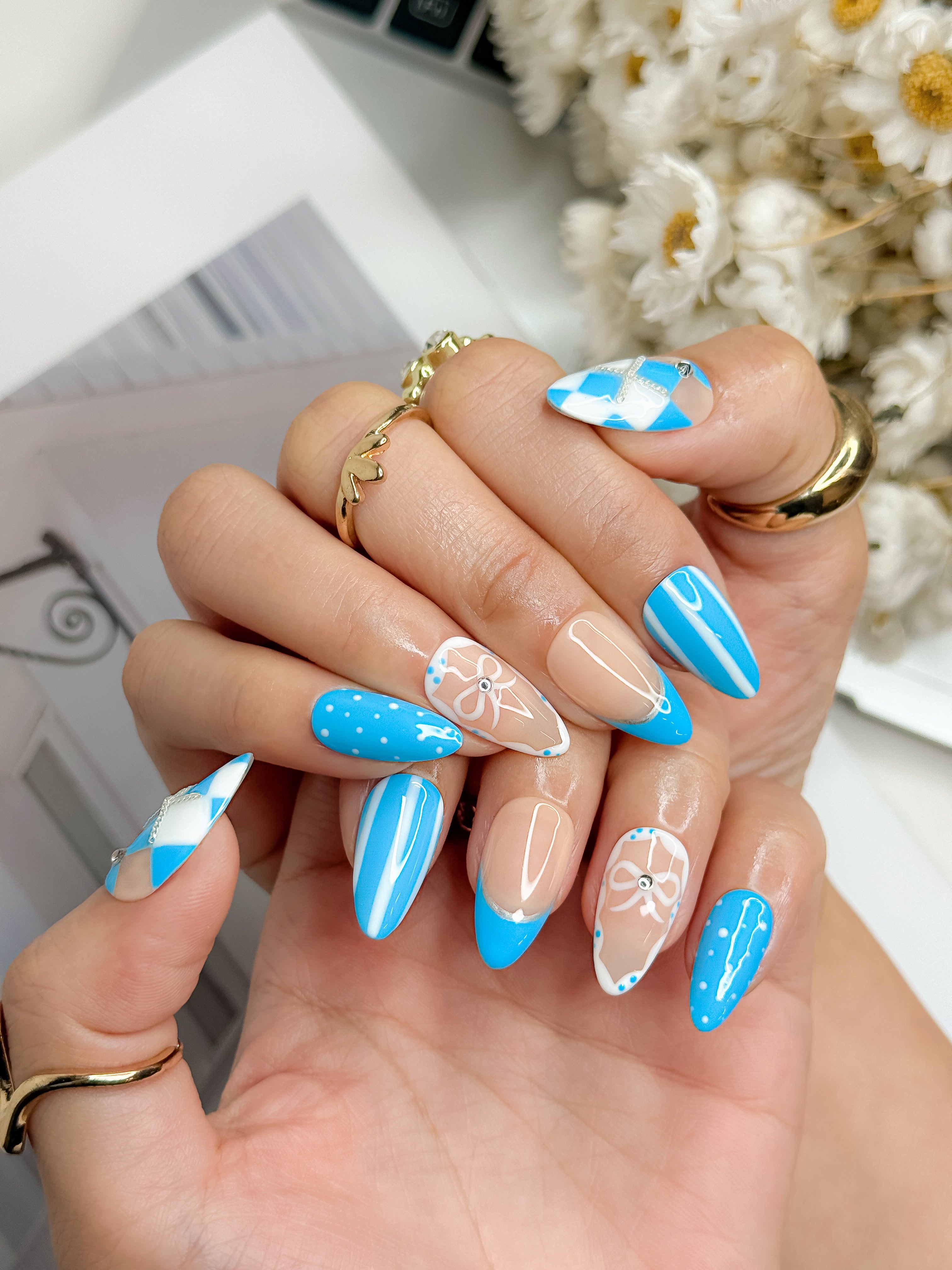 Carolina Blue Sporty Blue and White Press on Nails for Game Day