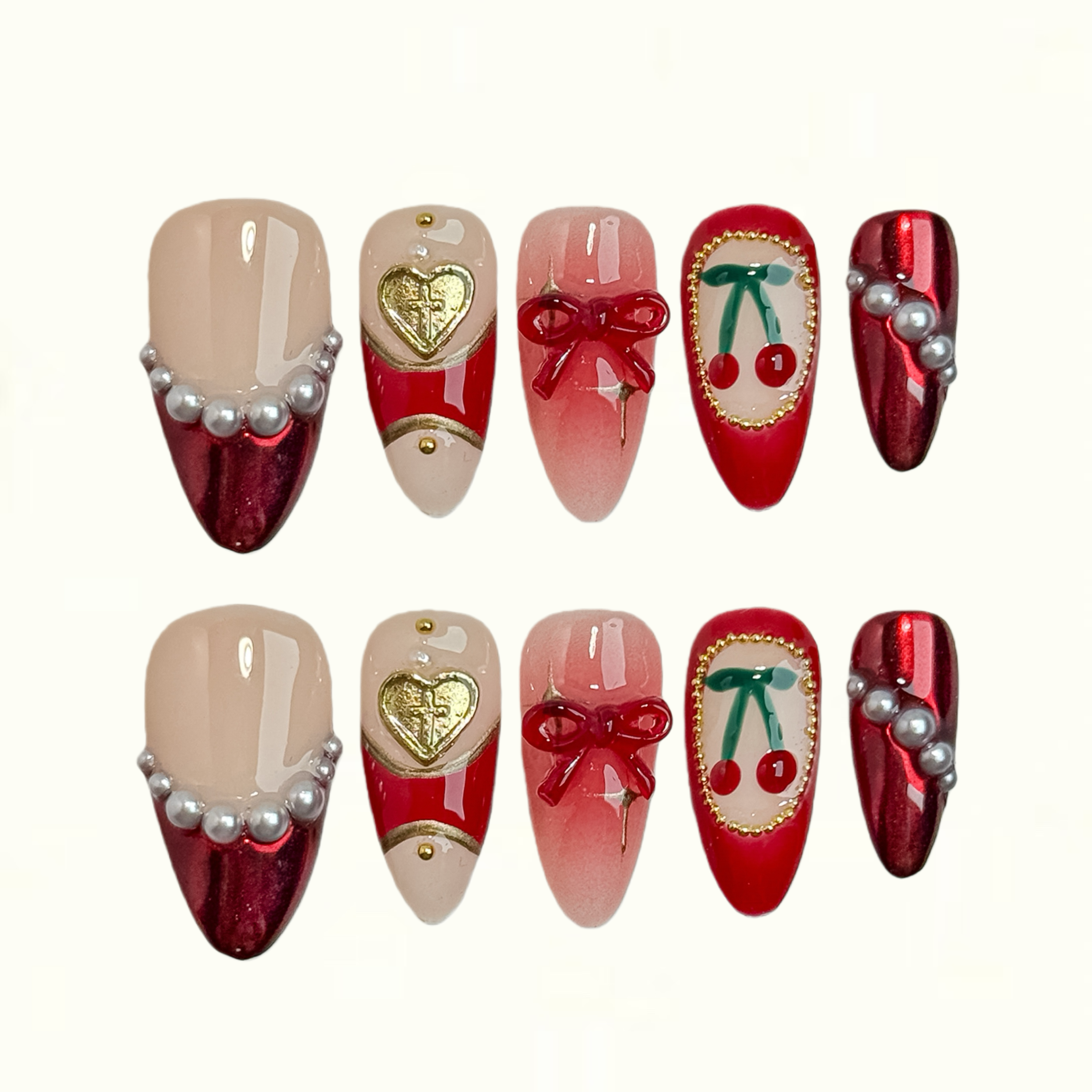 Cherry Pearl Nude to Red Ombre Press on Nails with Pearl Tips