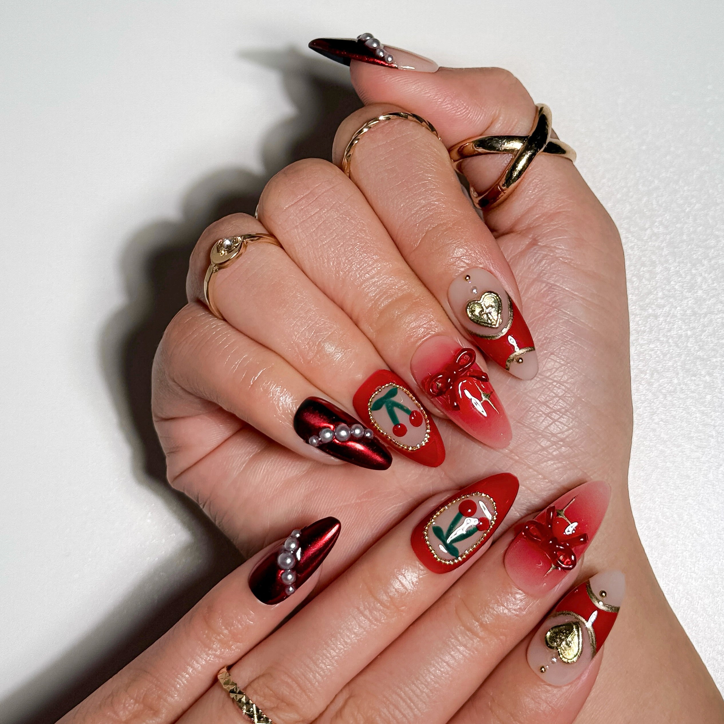 Cherry Pearl Nude to Red Ombre Press on Nails with Pearl Tips