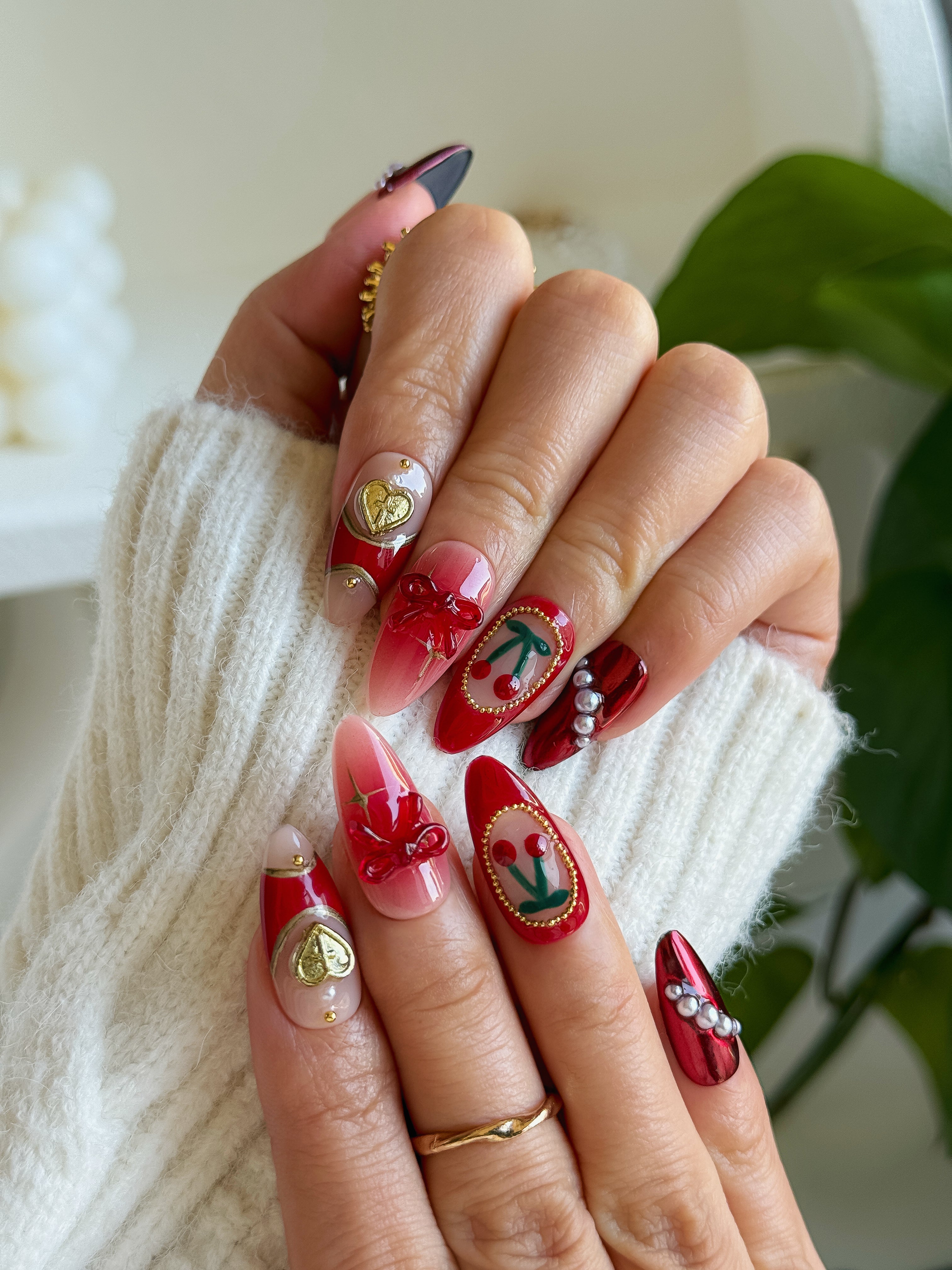 Cherry Pearl Nude to Red Ombre Press on Nails with Pearl Tips