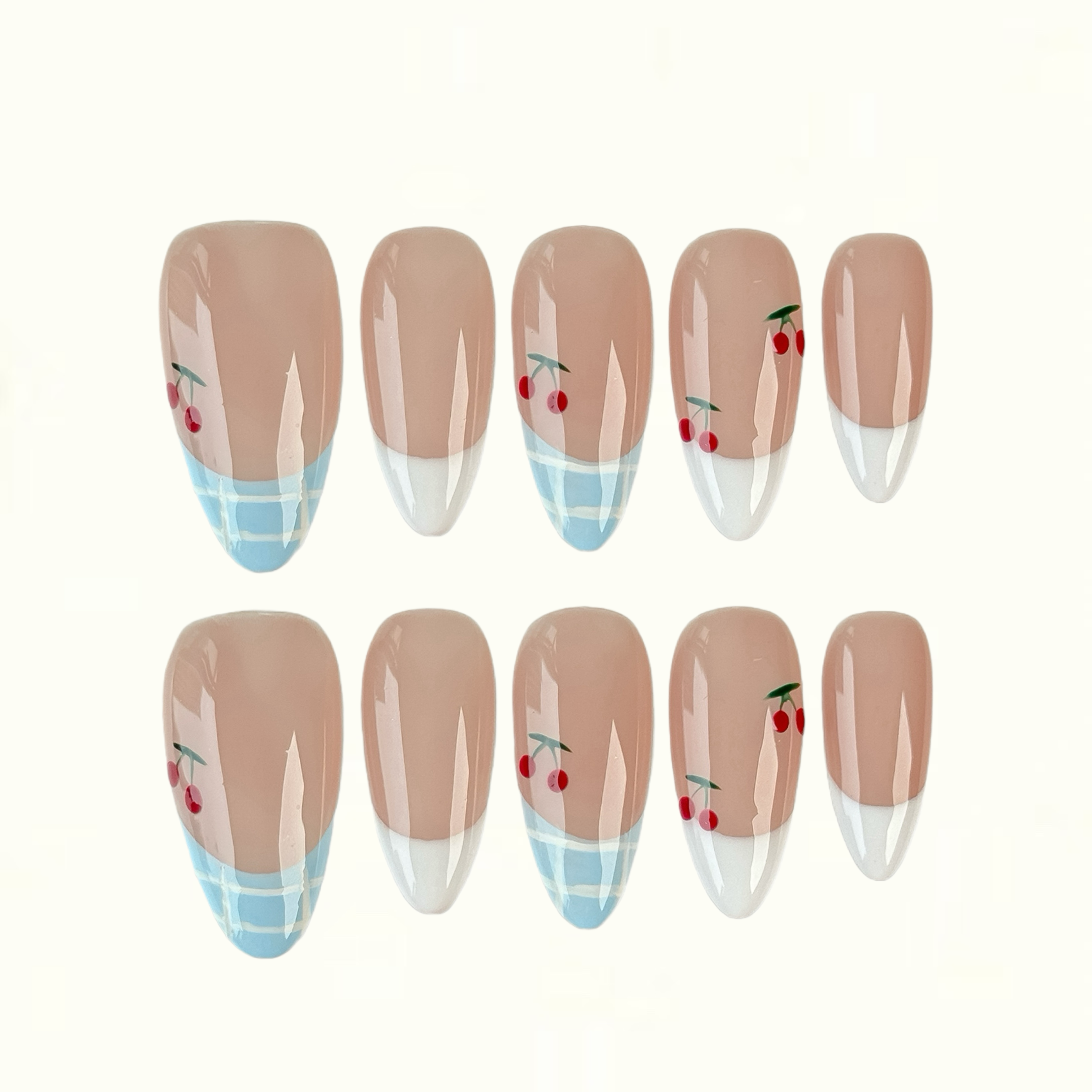 Cherry Picnic Nude and Blue Press on Nails with Cherry Art