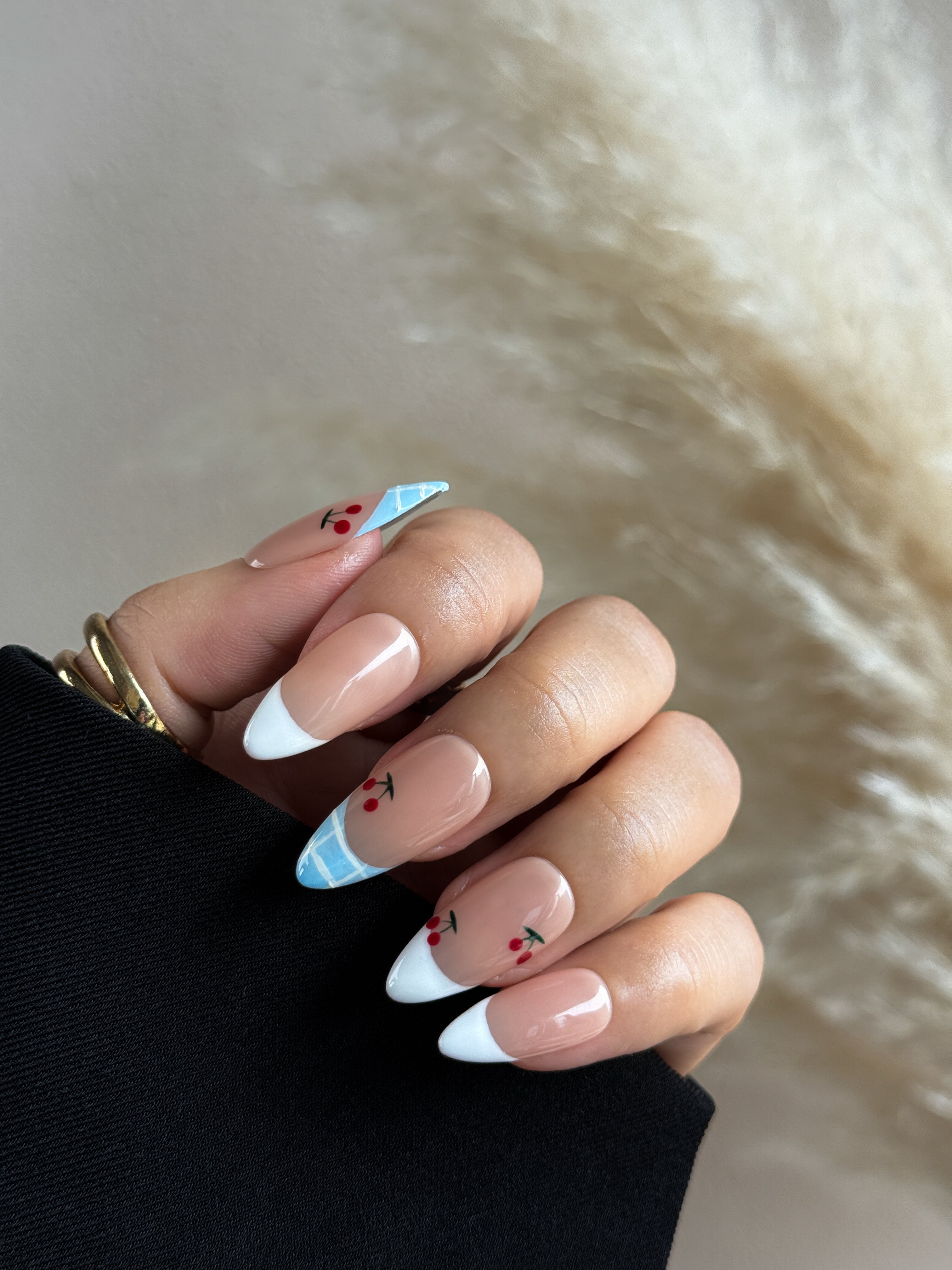 Cherry Picnic Nude and Blue Press on Nails with Cherry Art