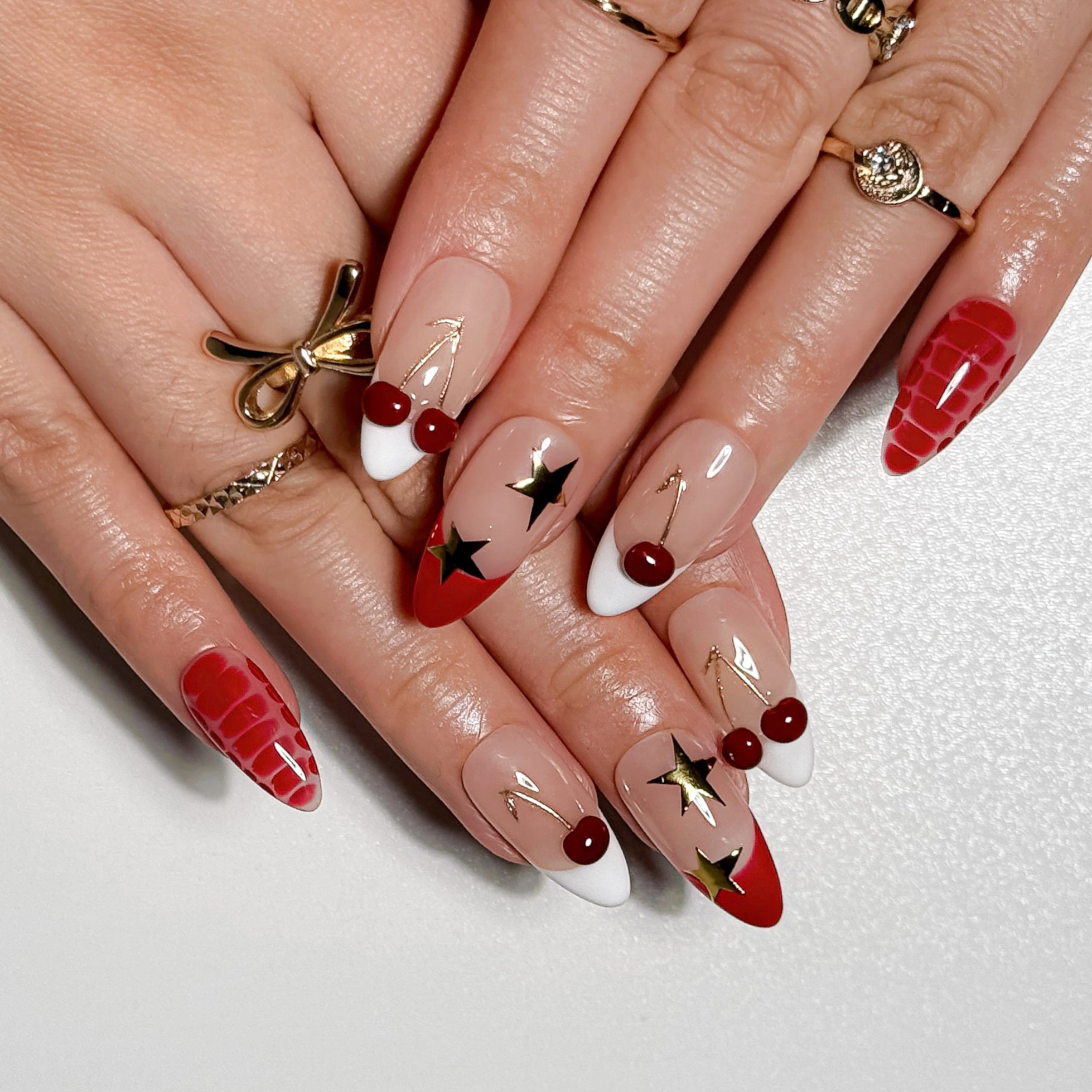 Cherry Star Festive Red Glitter Press on Nails with Reindeer Art