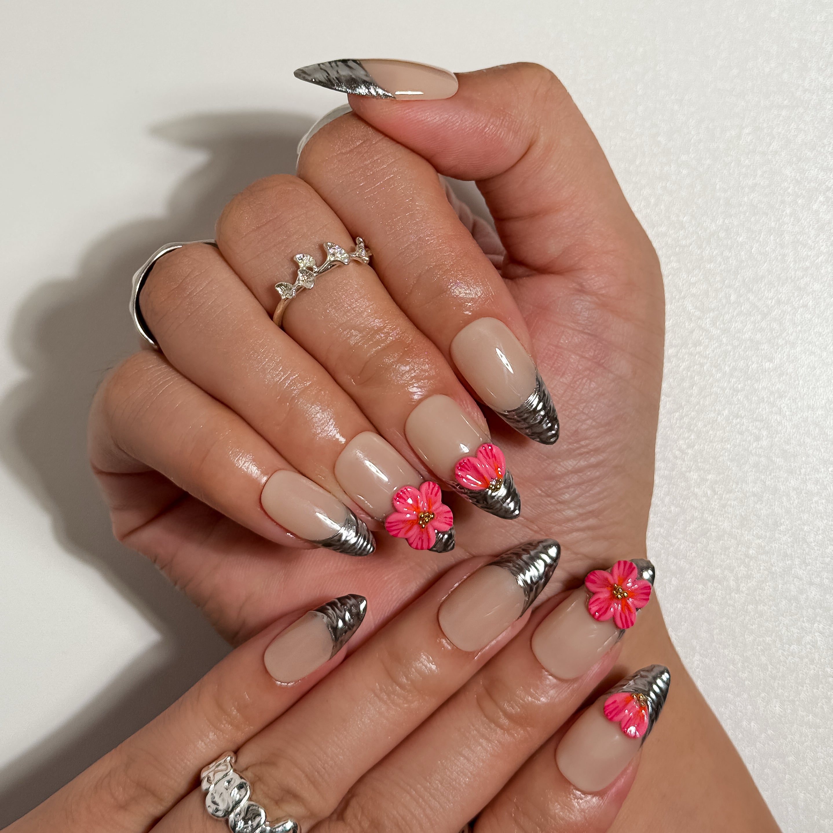 Chrome Blossom Nude and Metallic Press on Nails with 3D Flowers