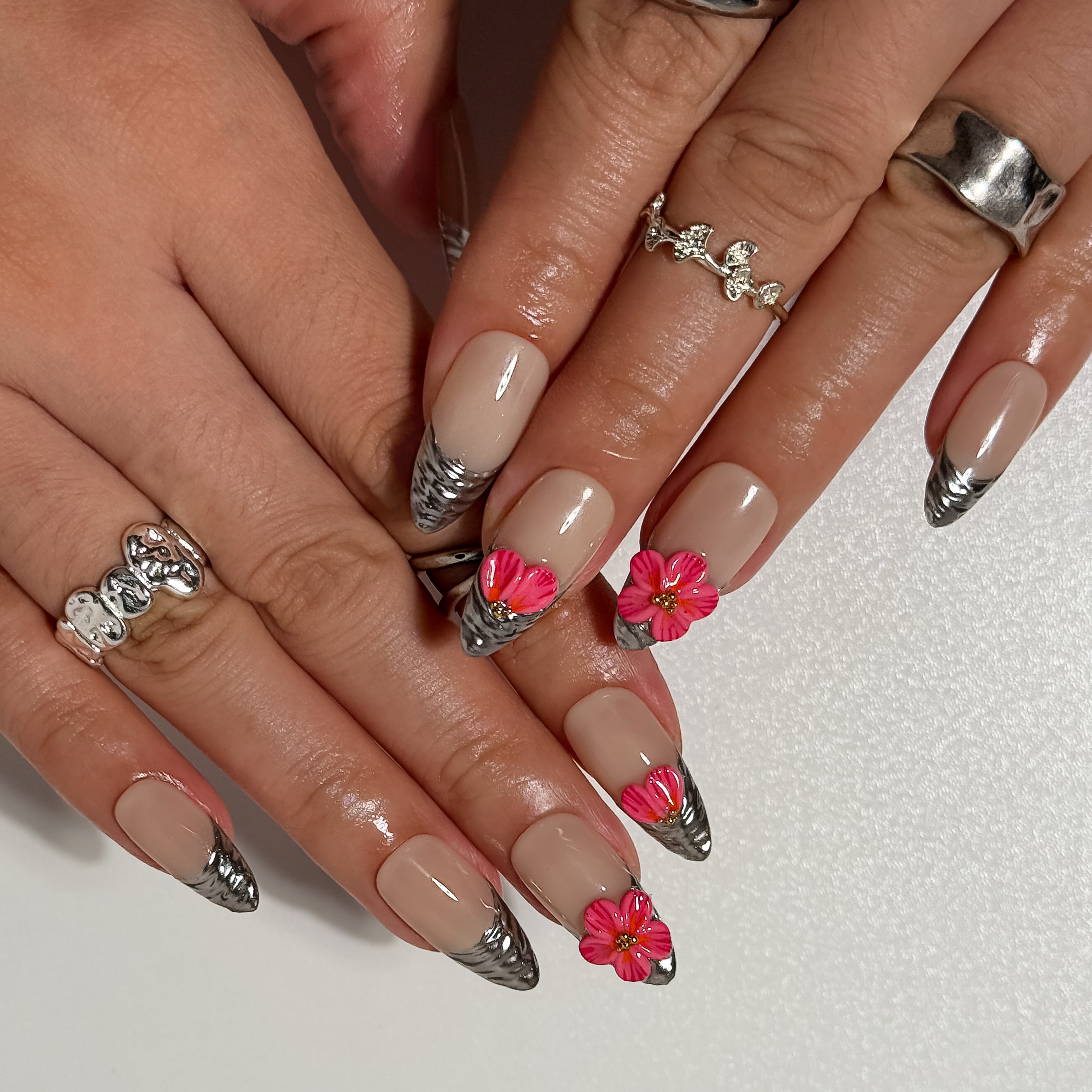 Chrome Blossom Nude and Metallic Press on Nails with 3D Flowers