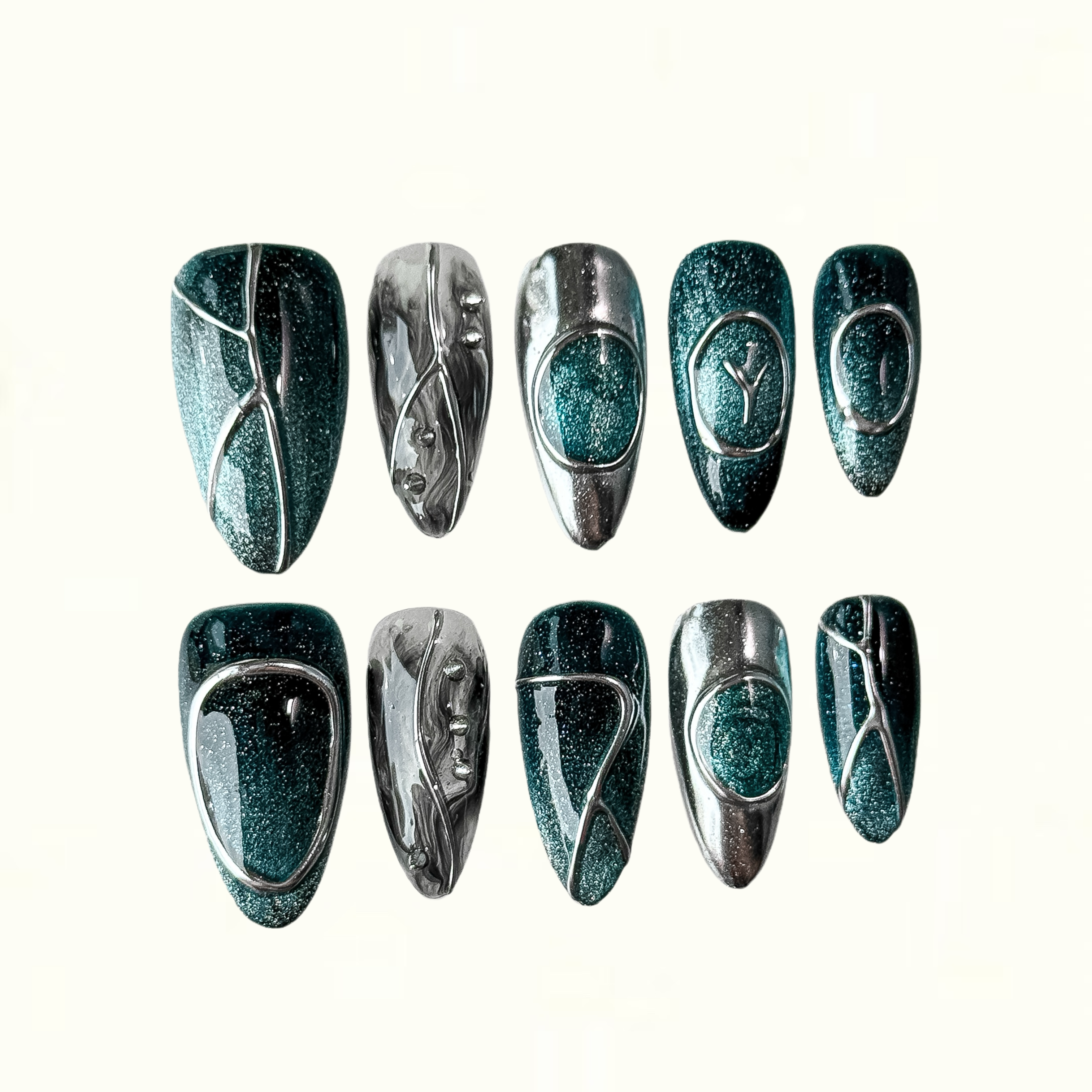 Chrome Orbit Emerald Galaxy Shimmer Press on Nails with 3D Sculpting