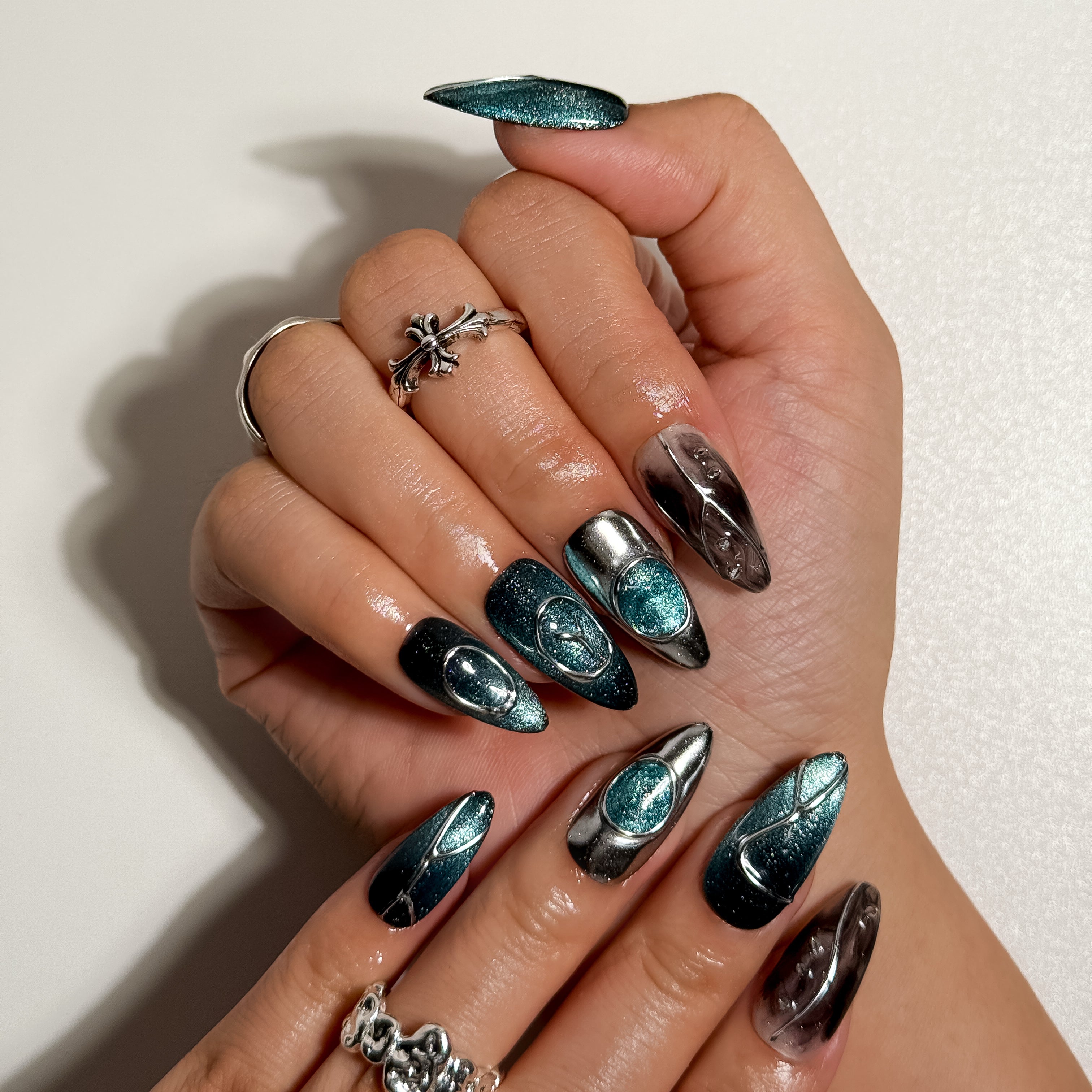Chrome Orbit Emerald Galaxy Shimmer Press on Nails with 3D Sculpting