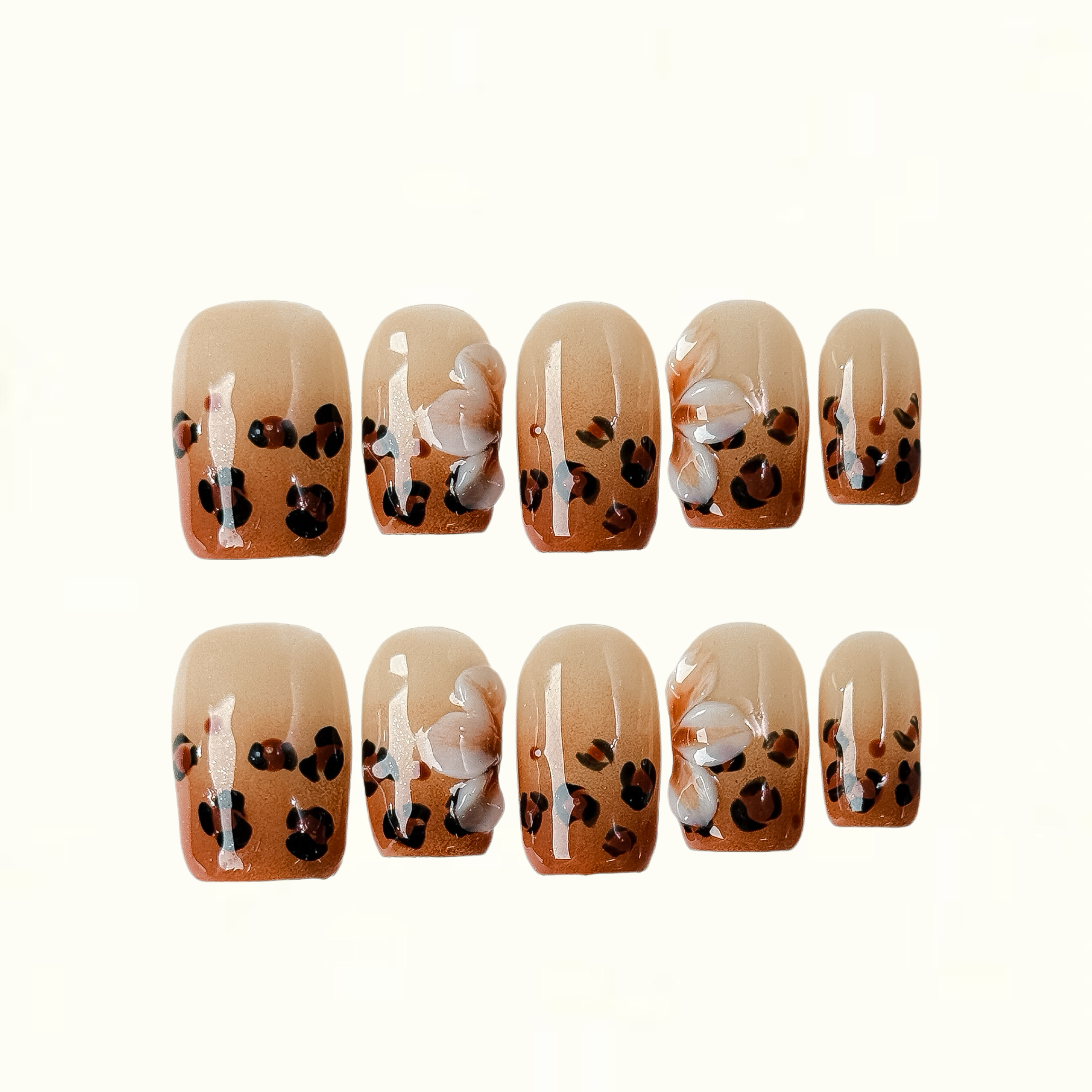 Cocoa Petal Nude to Brown Ombre Press on Nails with 3D Petals
