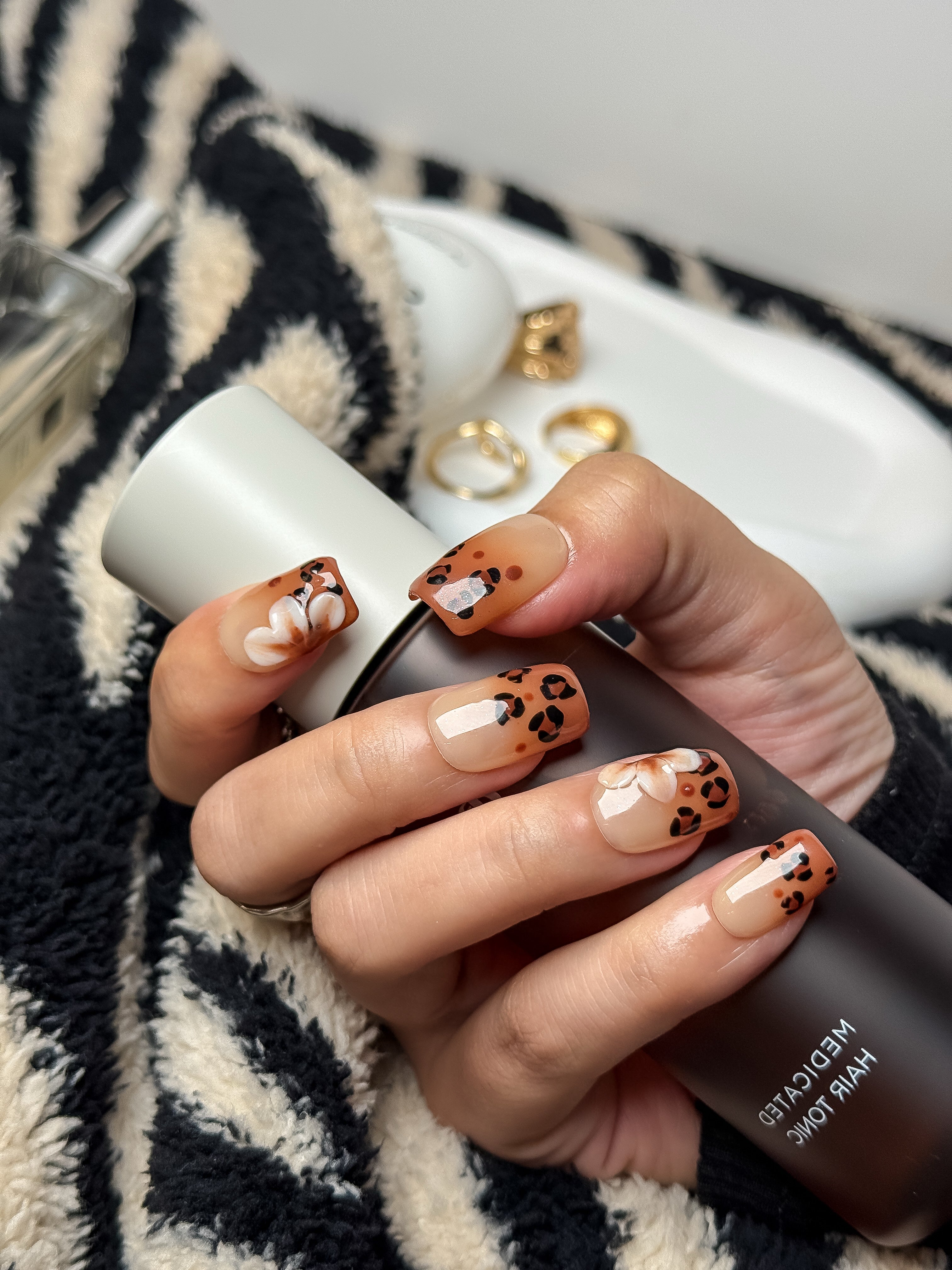 Cocoa Petal Nude to Brown Ombre Press on Nails with 3D Petals