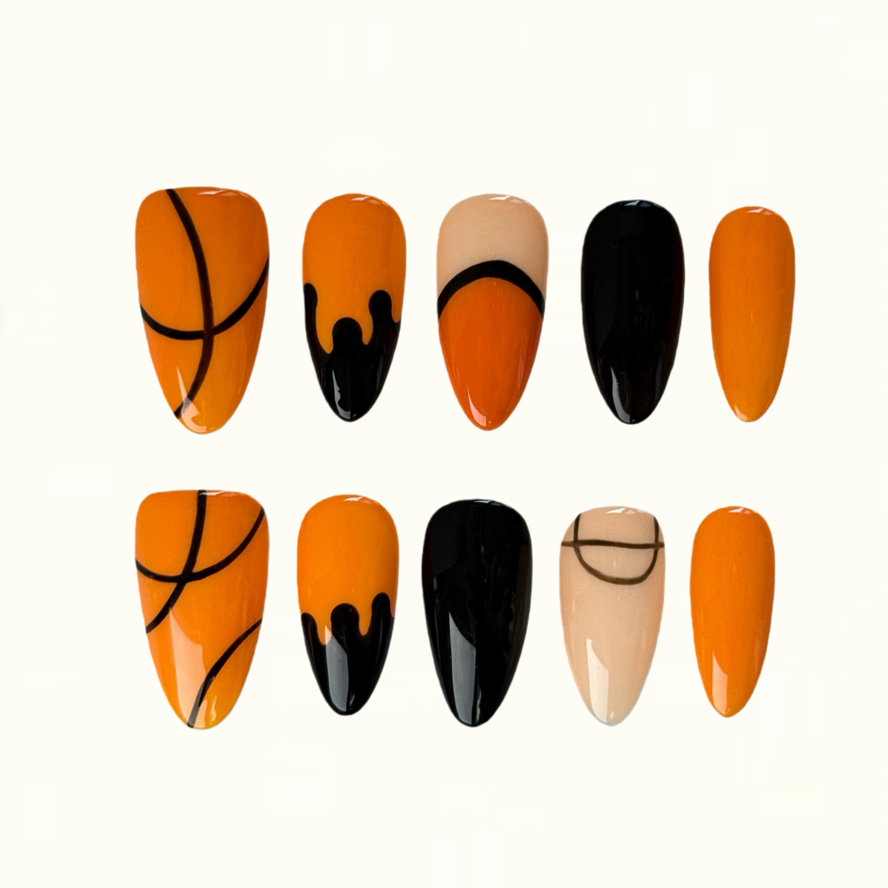 Court Heat Orange and Black Basketball Spirit Press on Nails
