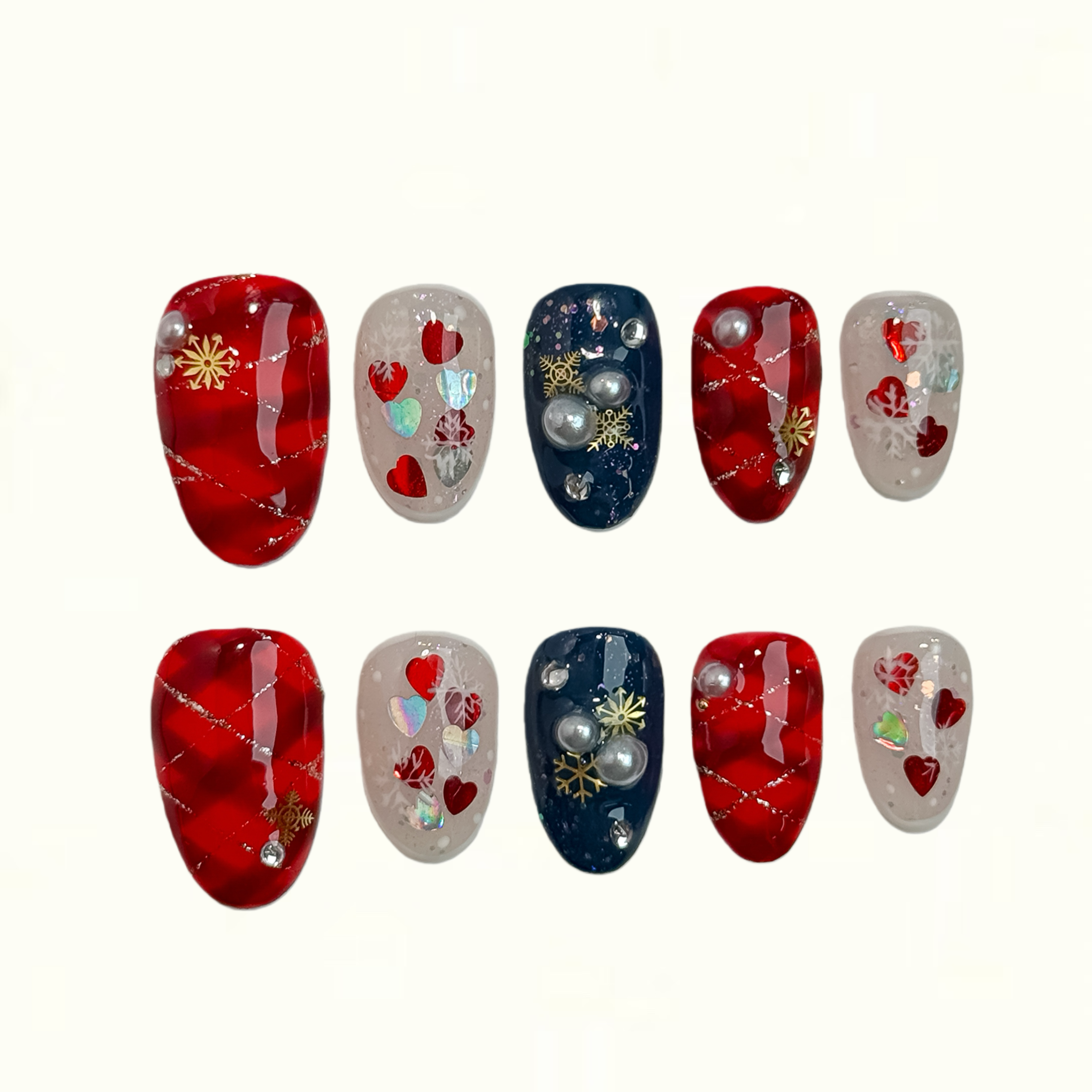 Crimson Frost Red and Midnight Blue Press on Nails with Snowflakes
