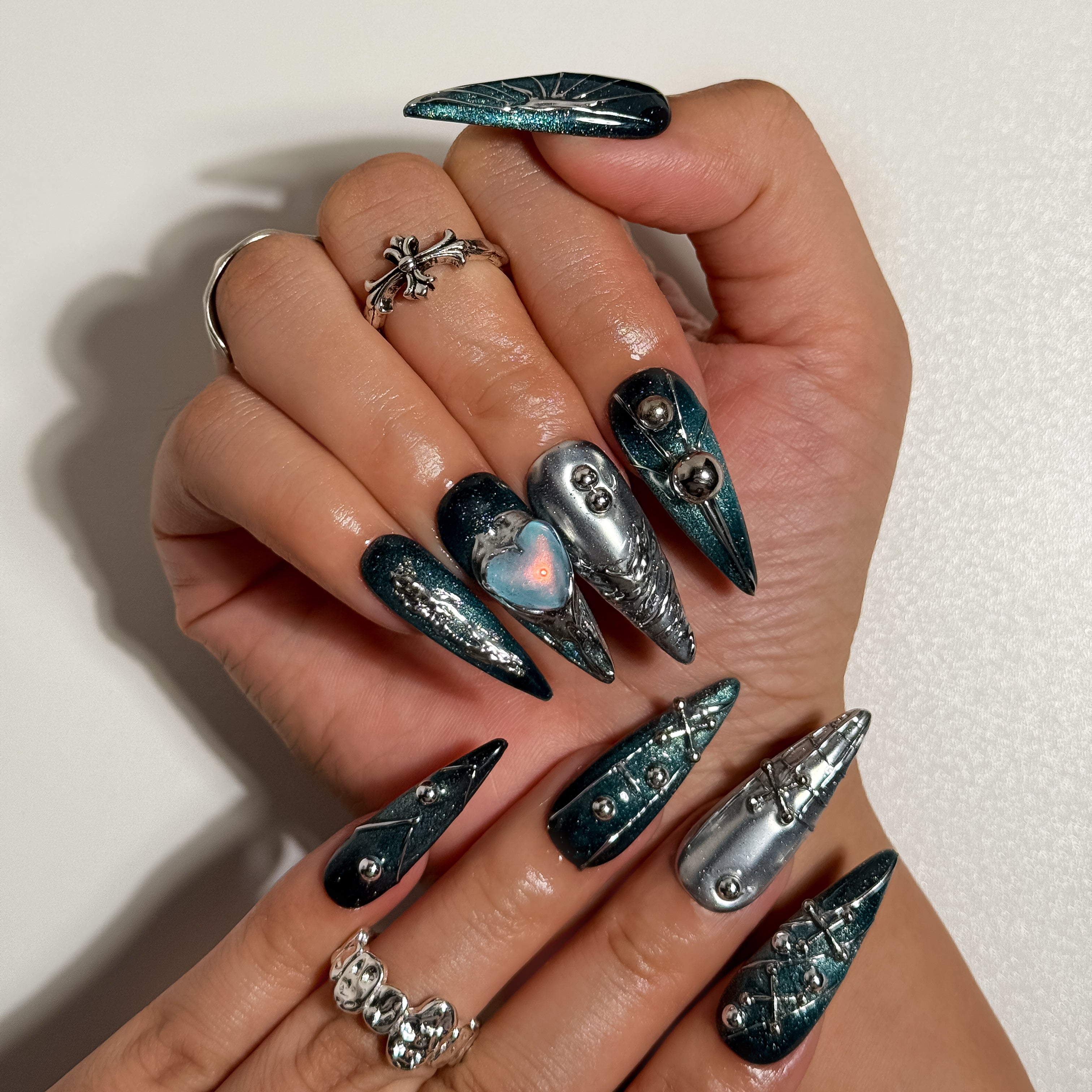 Cyber Galaxy Deep Galaxy Shimmer Press on Nails with Aurora Heart