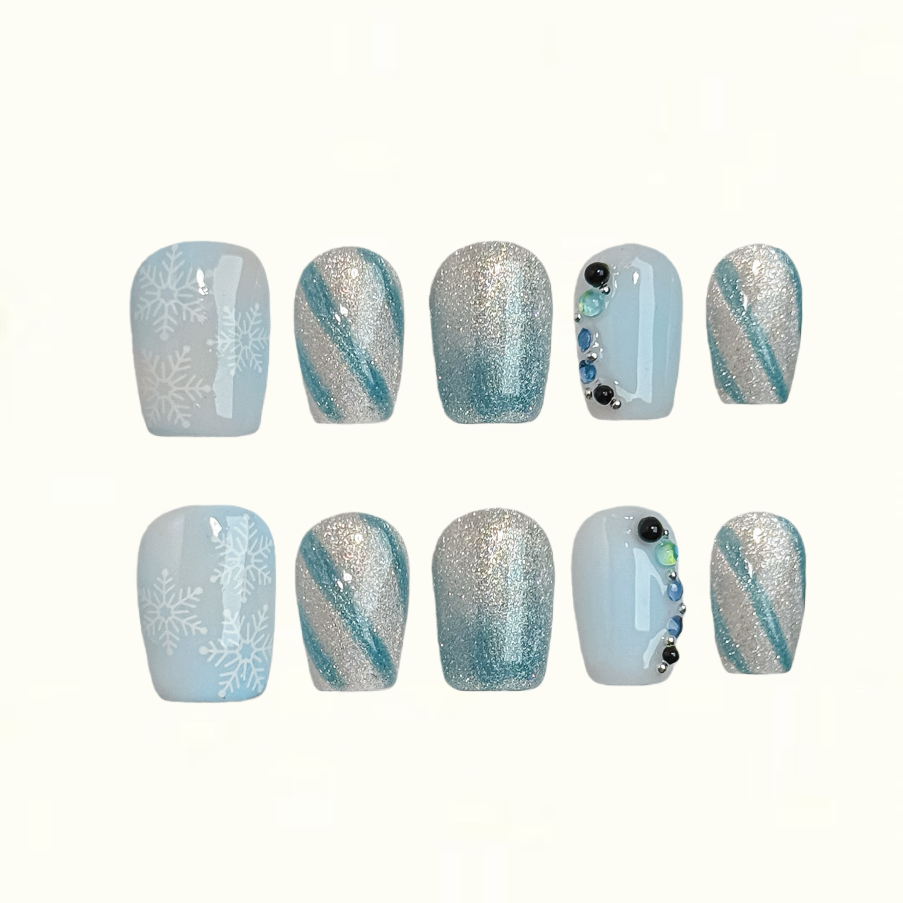 Frozen Snow Icy Blue Press on Nails with Silver Snowflakes