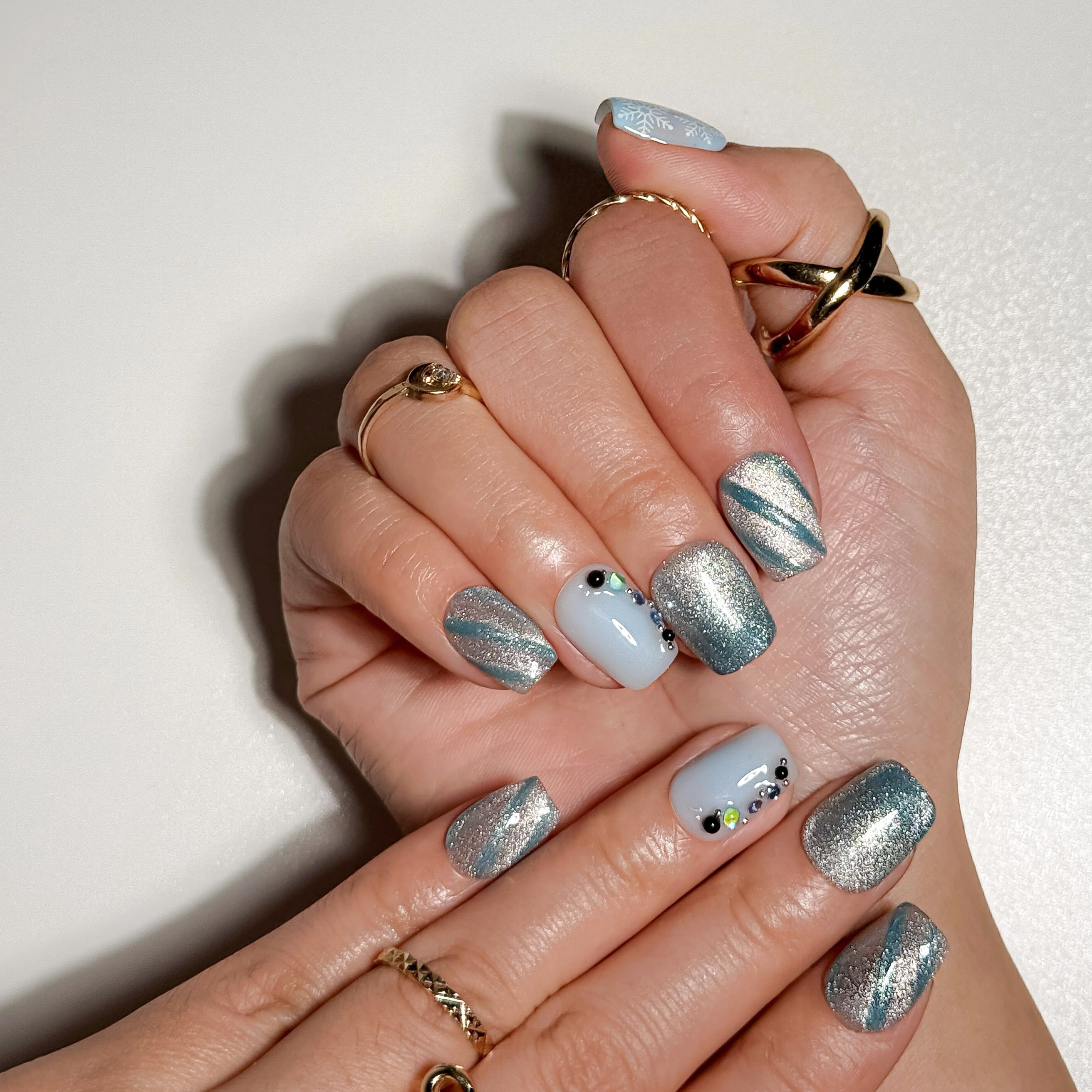 Frozen Snow Icy Blue Press on Nails with Silver Snowflakes