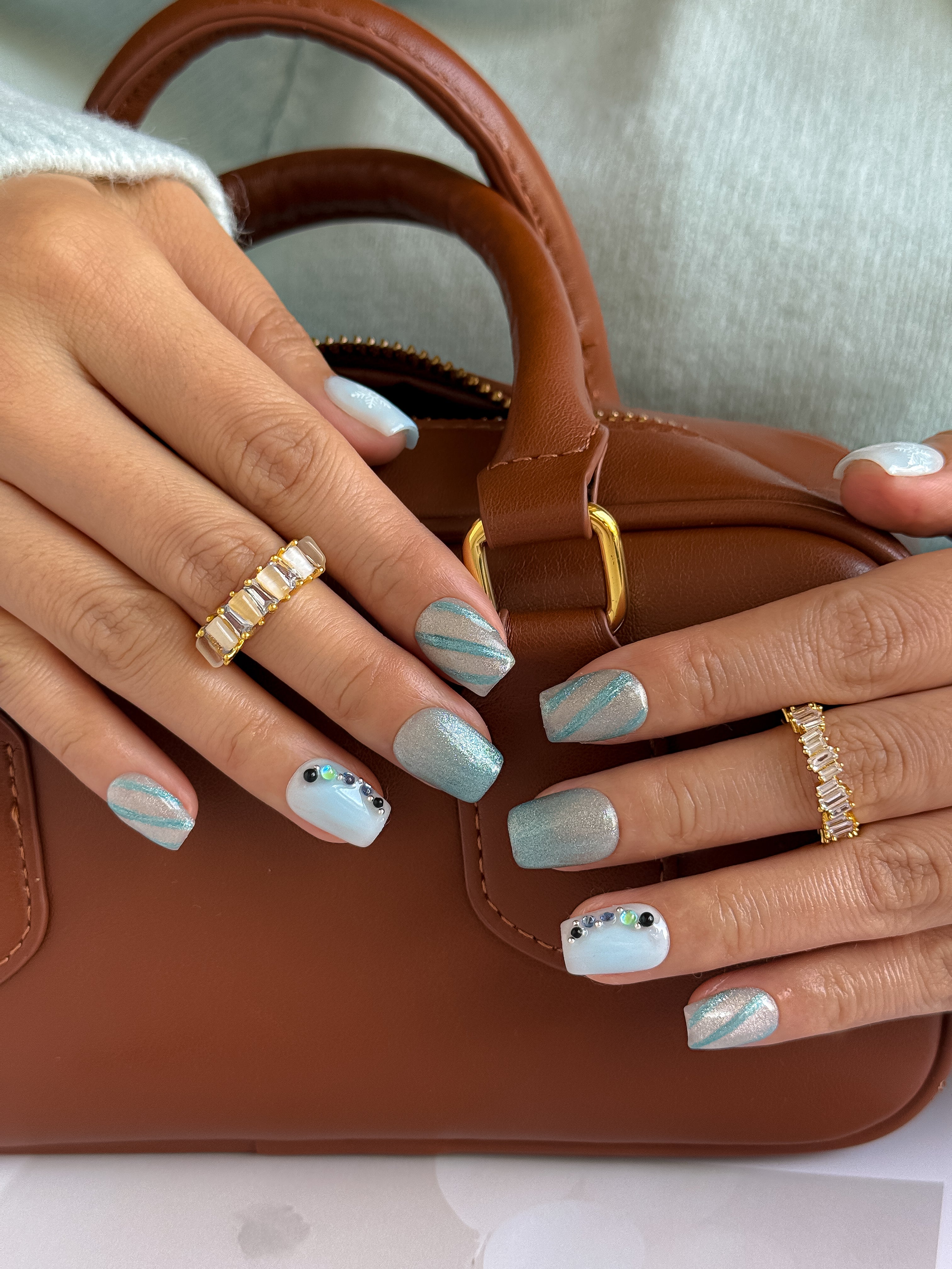 Frozen Snow Icy Blue Press on Nails with Silver Snowflakes