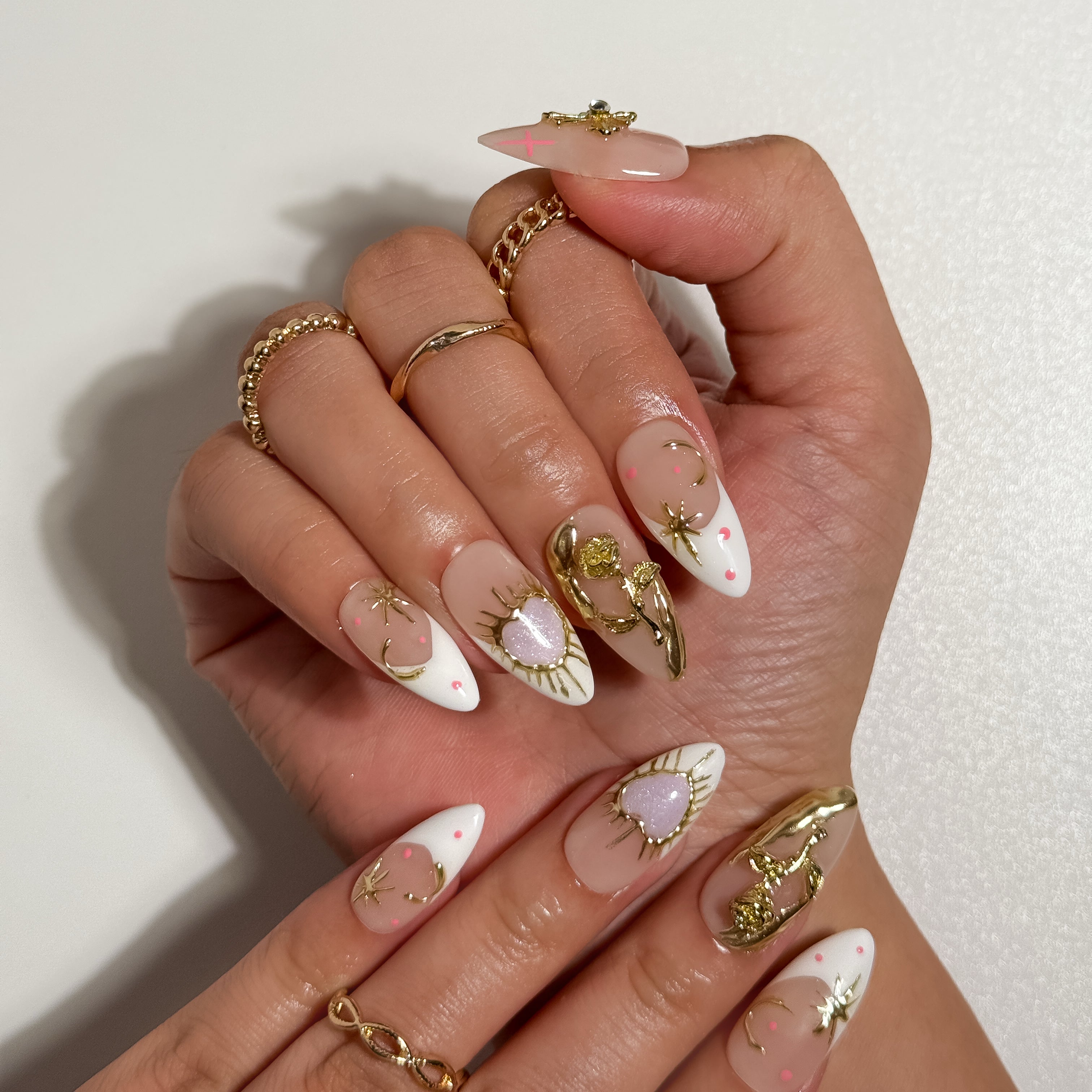 Golden Romance 3D Gold Cross and Rose Press on Nails on Nude Base