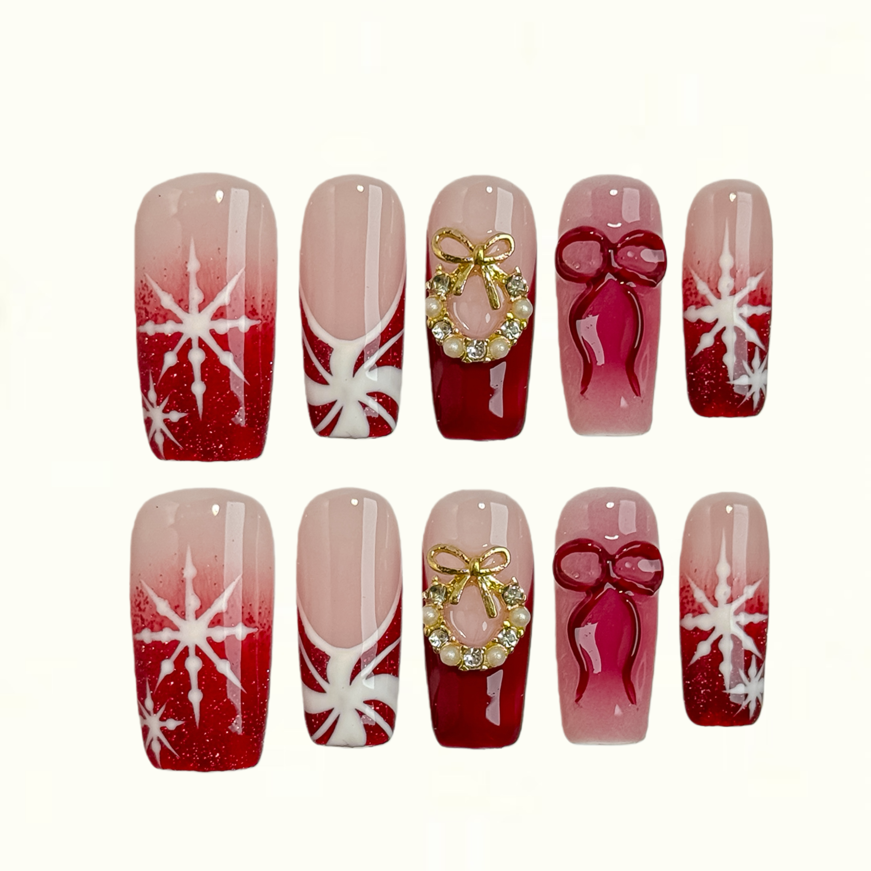 Holiday Bow Red Ombre Press on Nails with Snowflake and Pearls