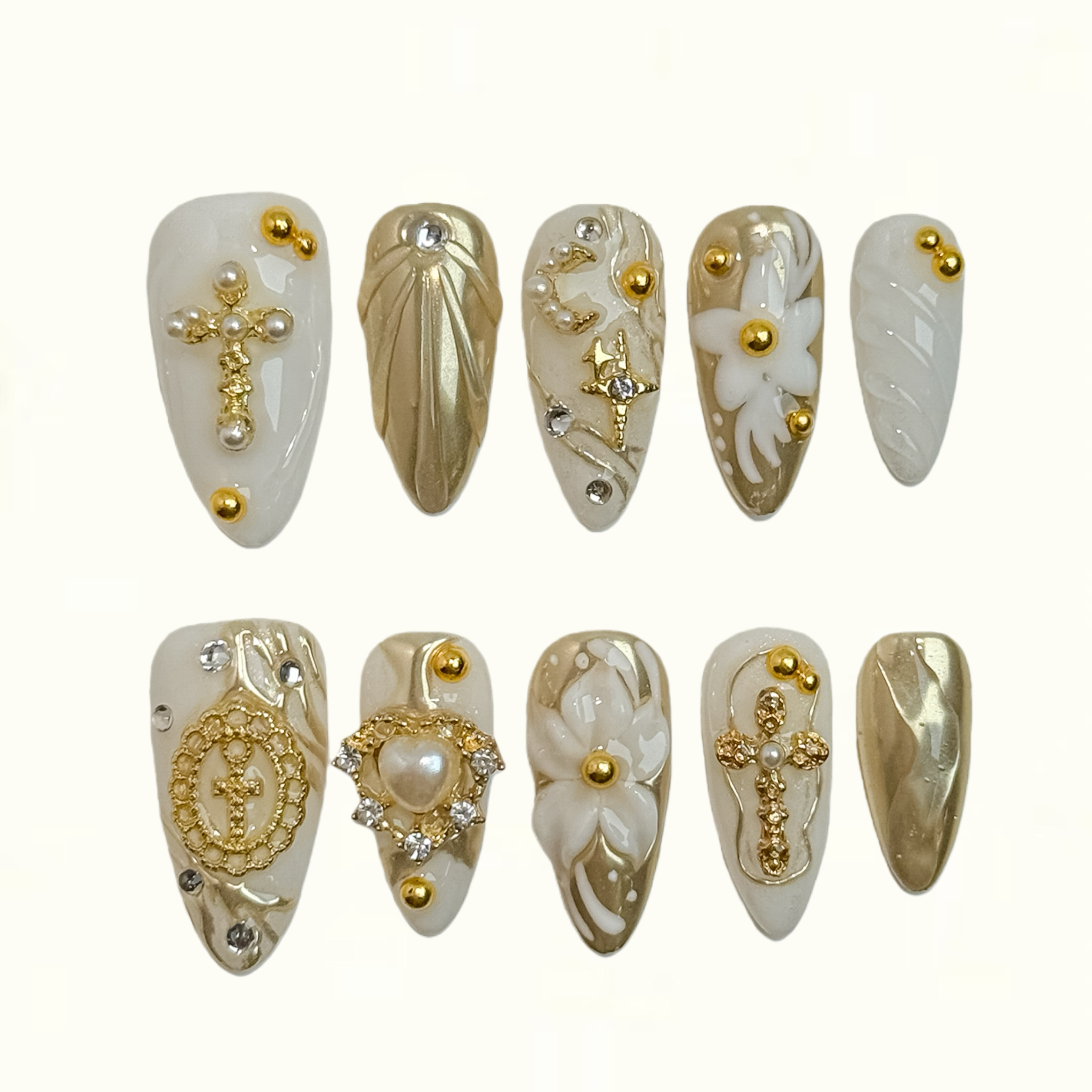 Ivory Grace Pearlescent Gold Press on Nails with Cross and Floral Art