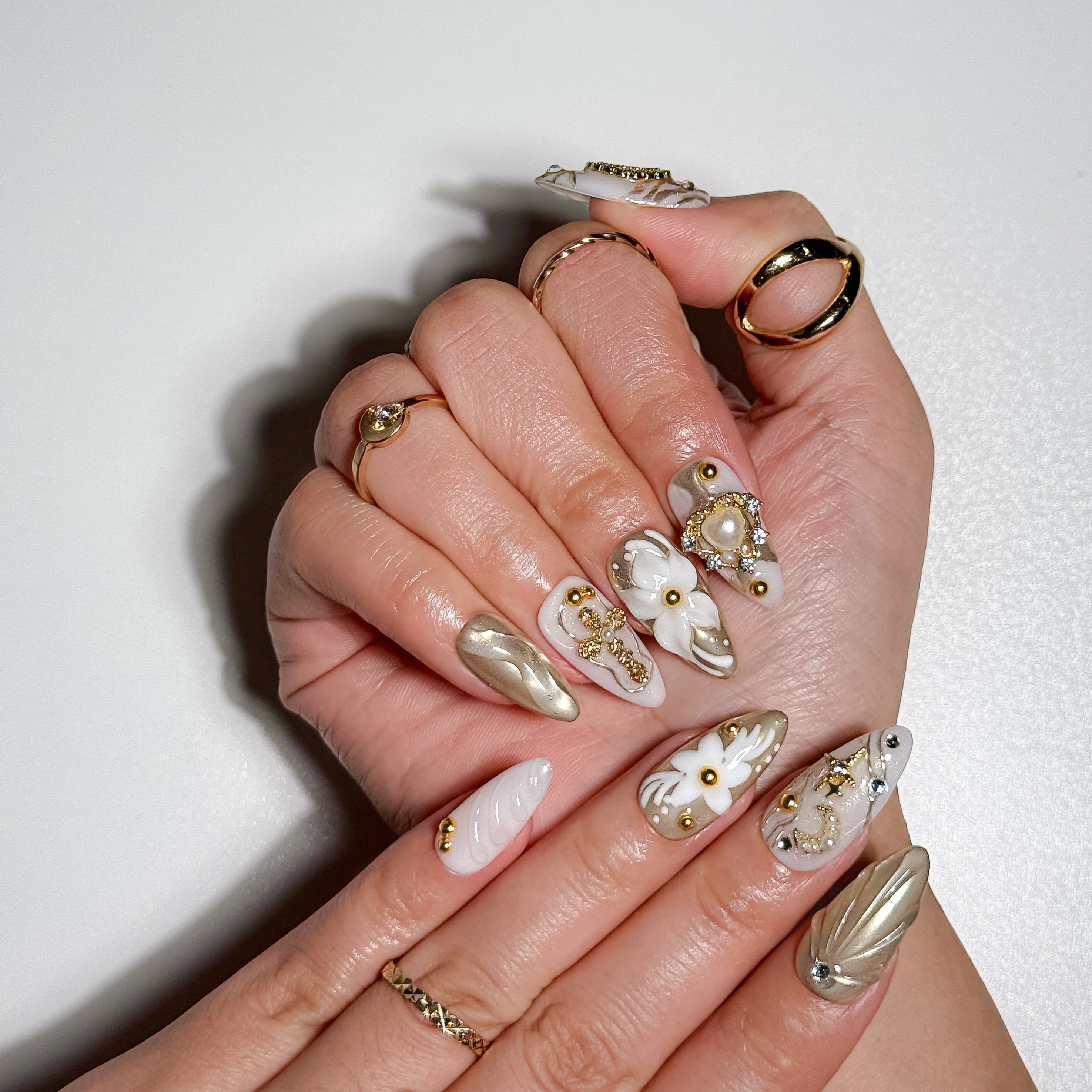 Ivory Grace Pearlescent Gold Press on Nails with Cross and Floral Art