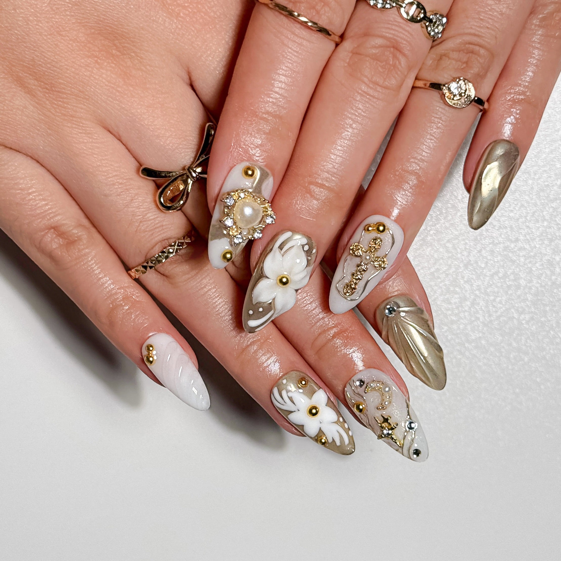 Ivory Grace Pearlescent Gold Press on Nails with Cross and Floral Art