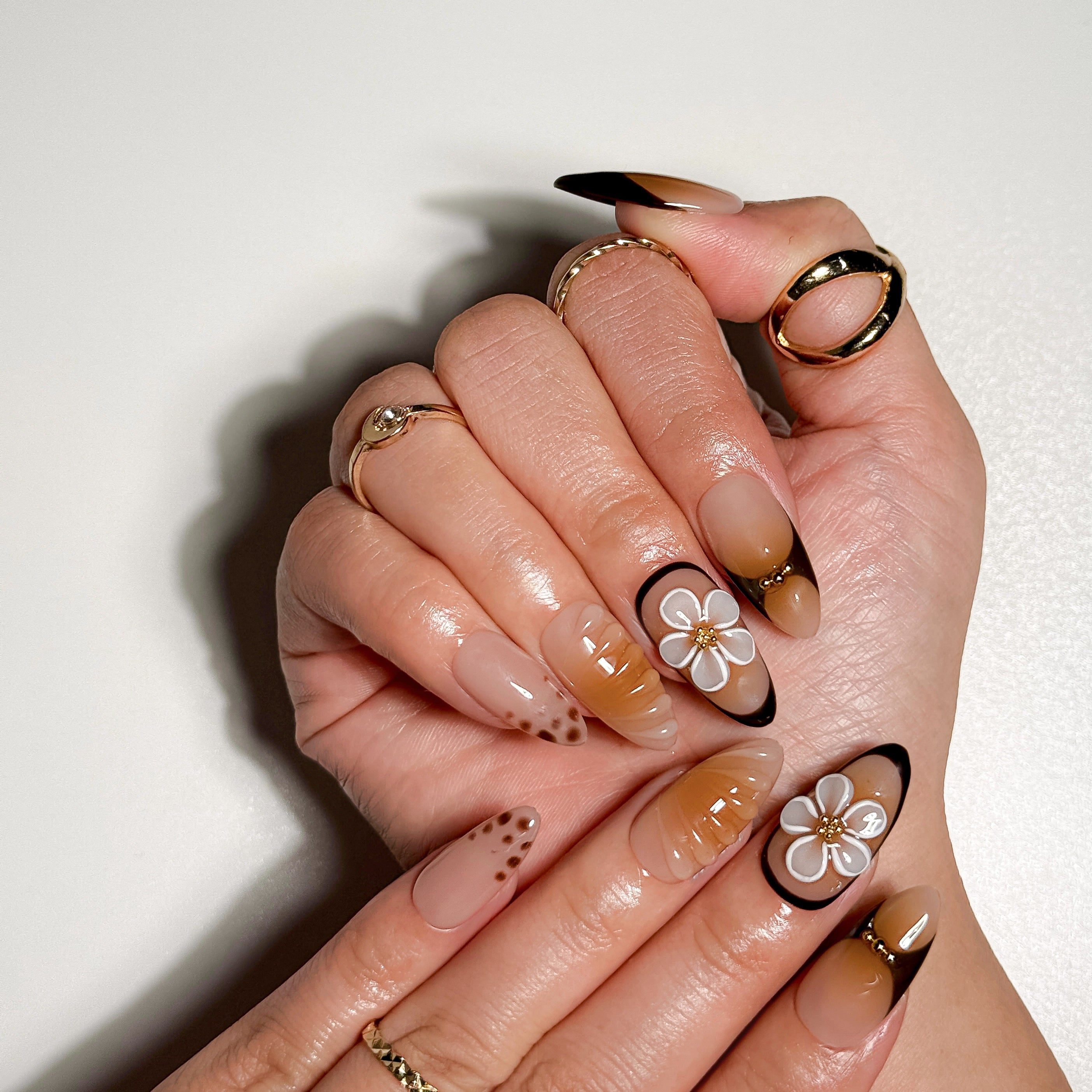 Latte Petal Nude Ombre Press on Nails with Gold Floral Accents