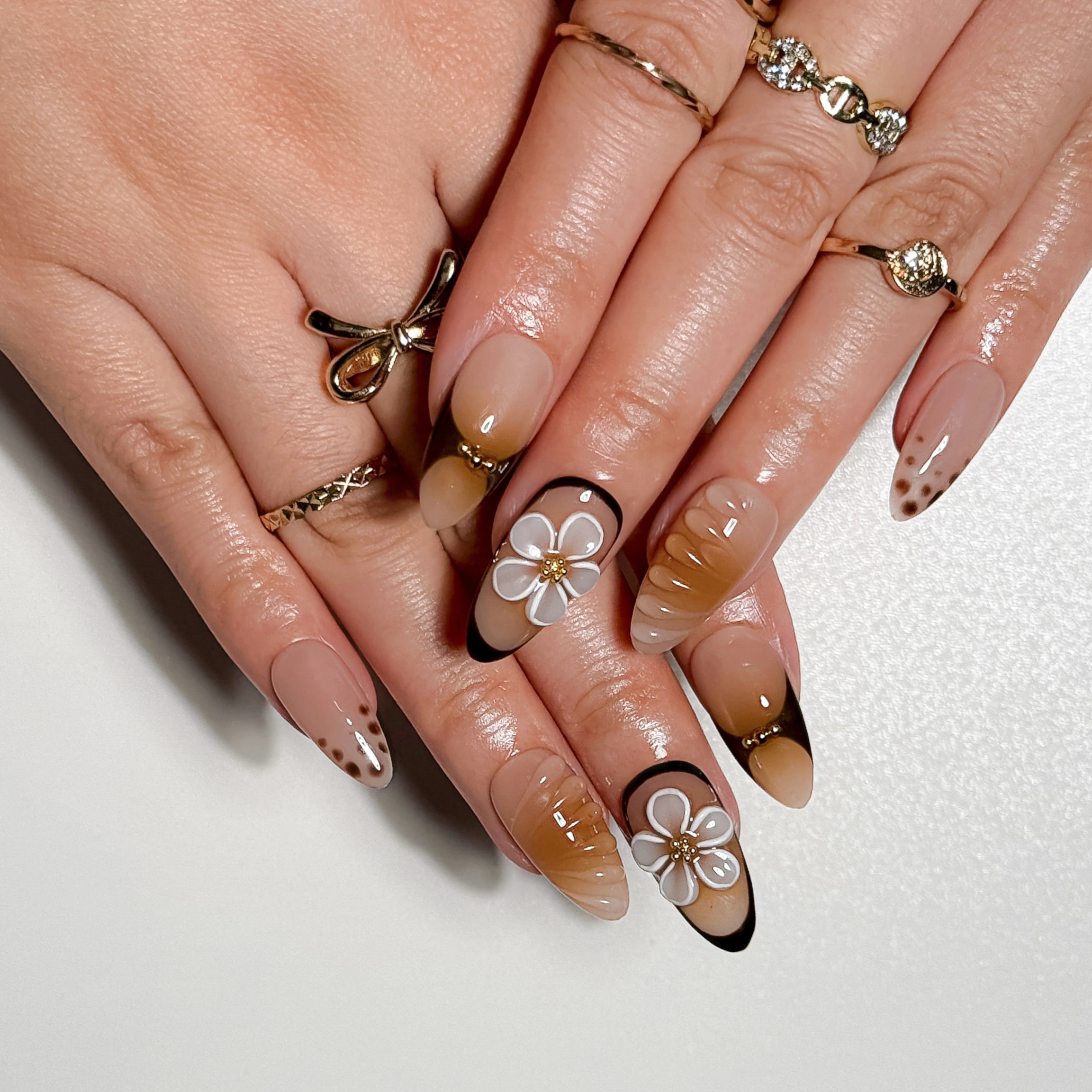 Latte Petal Nude Ombre Press on Nails with Gold Floral Accents