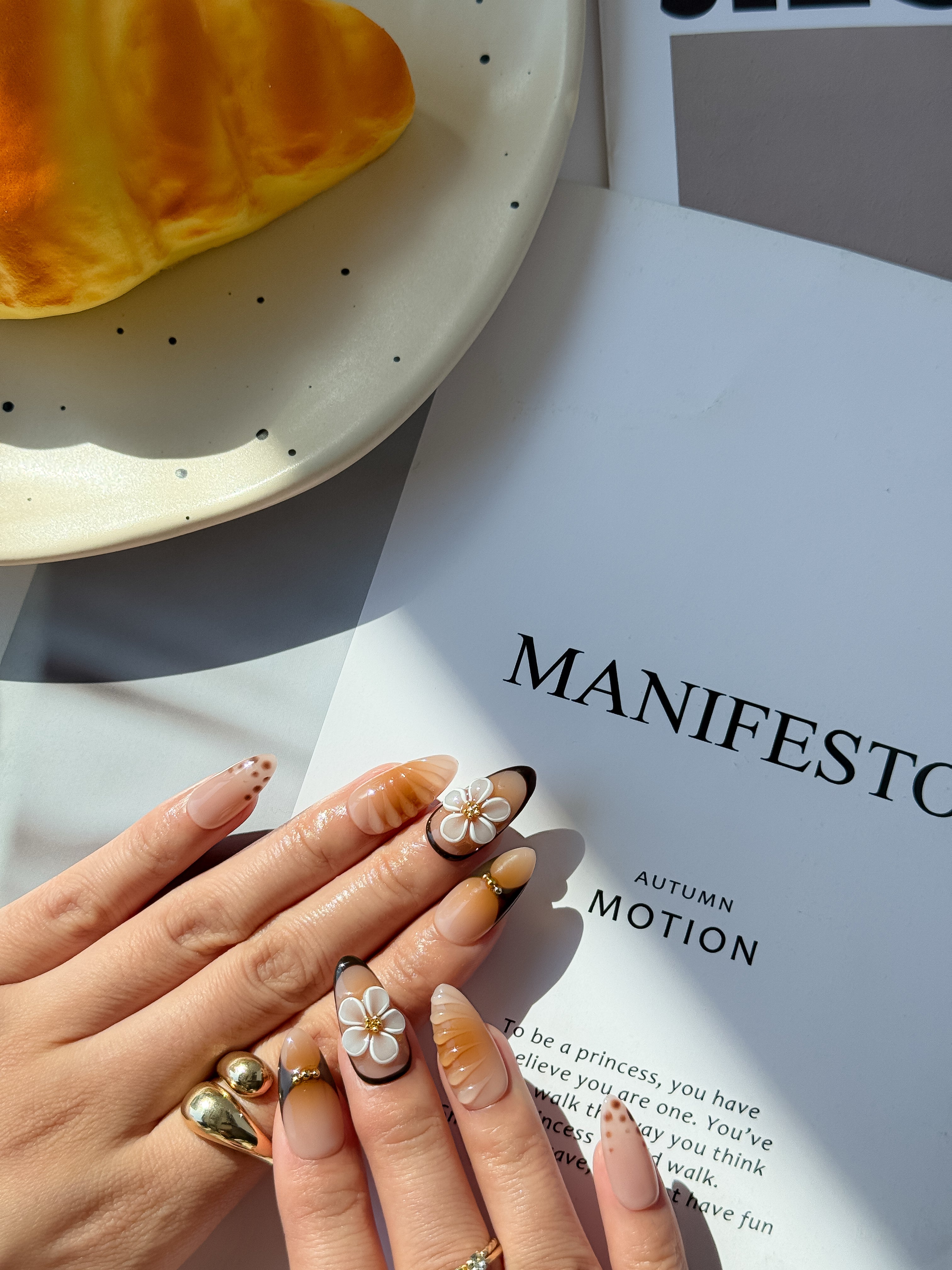 Latte Petal Nude Ombre Press on Nails with Gold Floral Accents