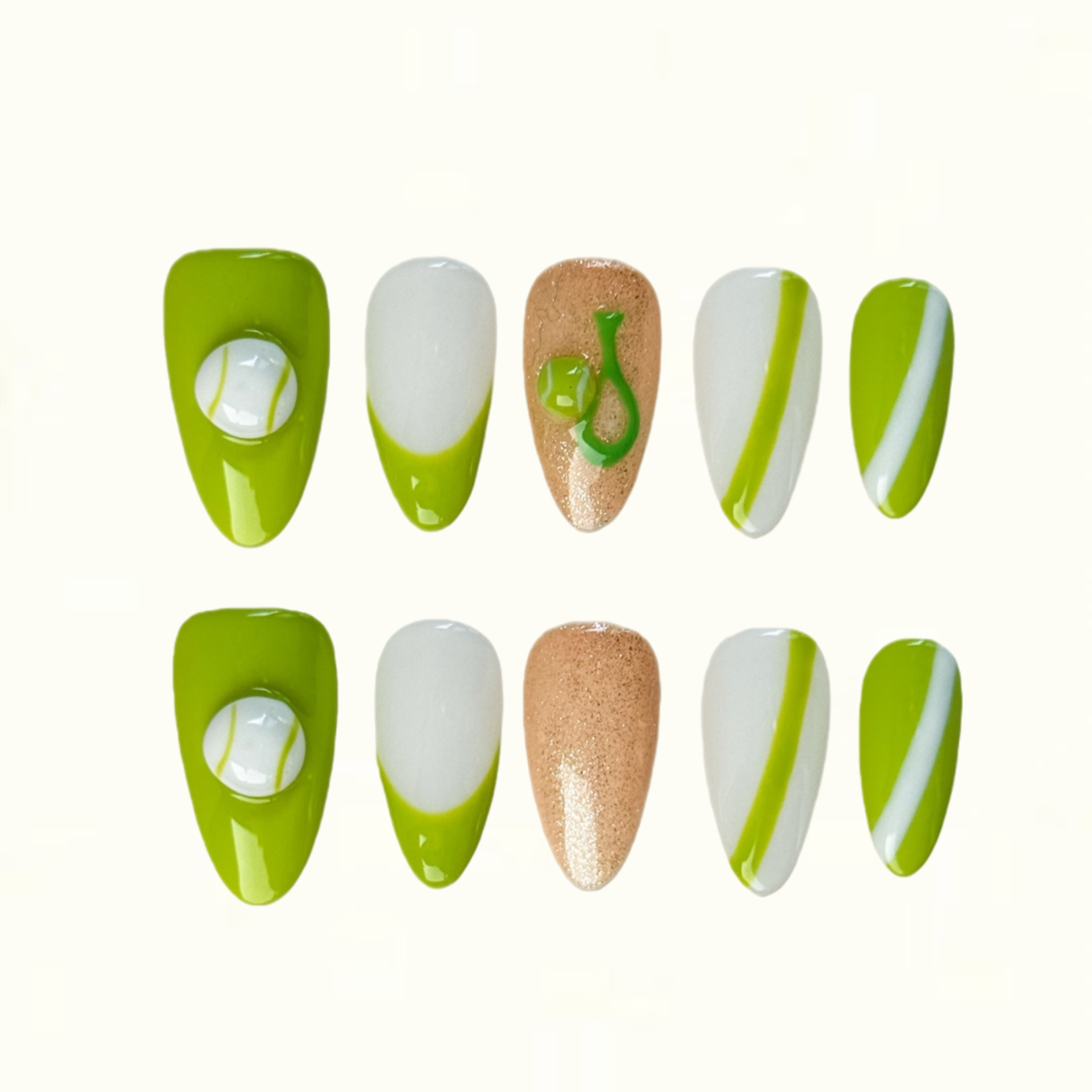 Match Point Tennis Inspired Green and White Short Square Press on Nails