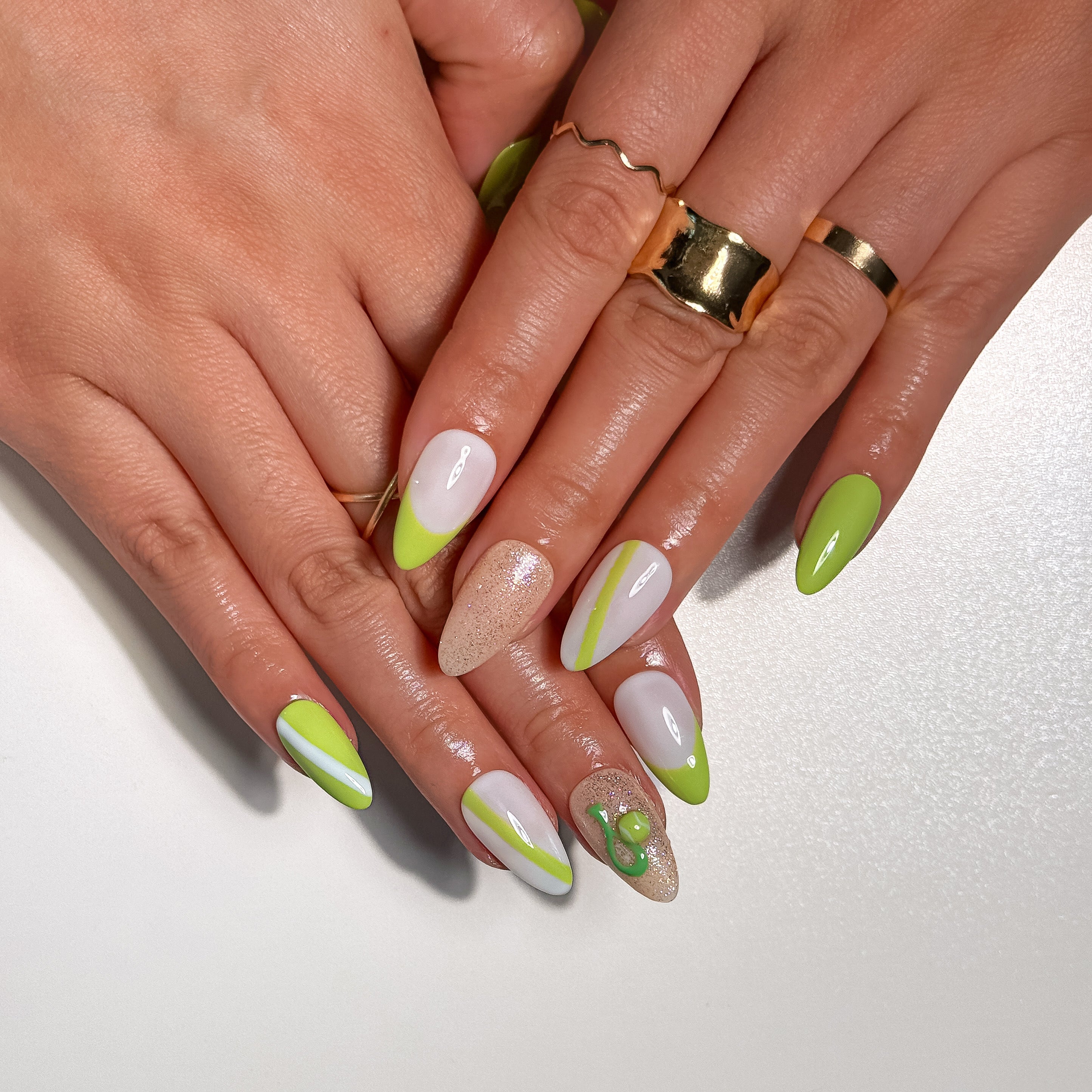 Match Point Tennis Inspired Green and White Short Square Press on Nails