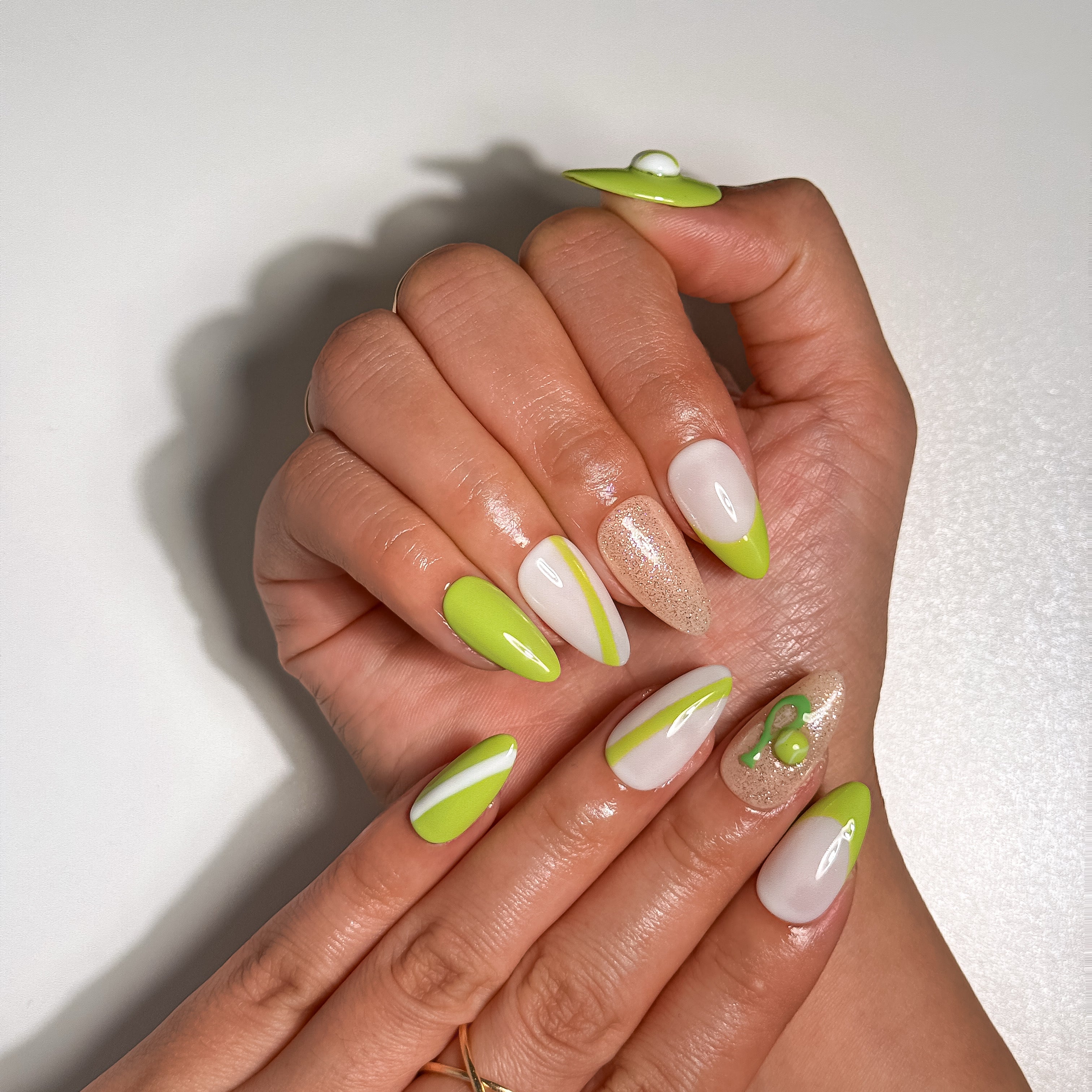 Match Point Tennis Inspired Green and White Short Square Press on Nails