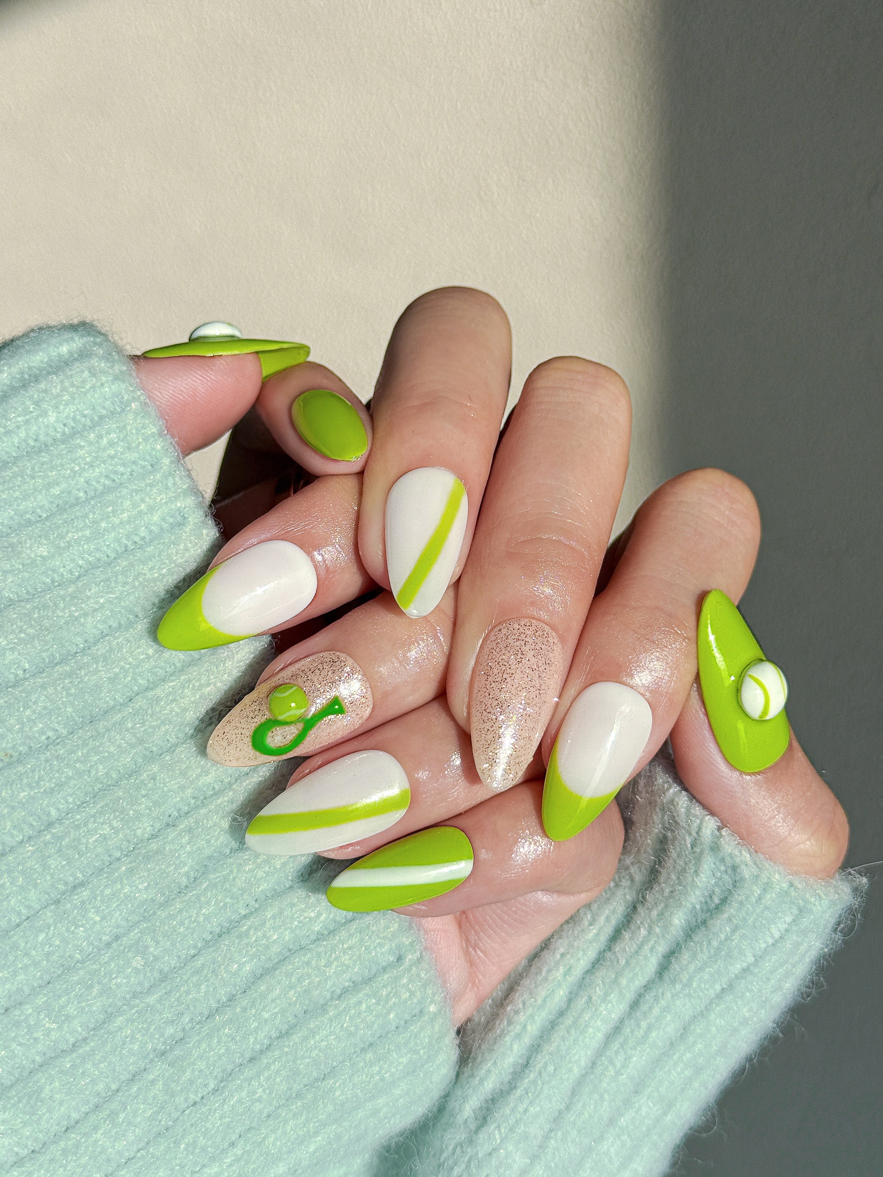 Match Point Tennis Inspired Green and White Short Square Press on Nails
