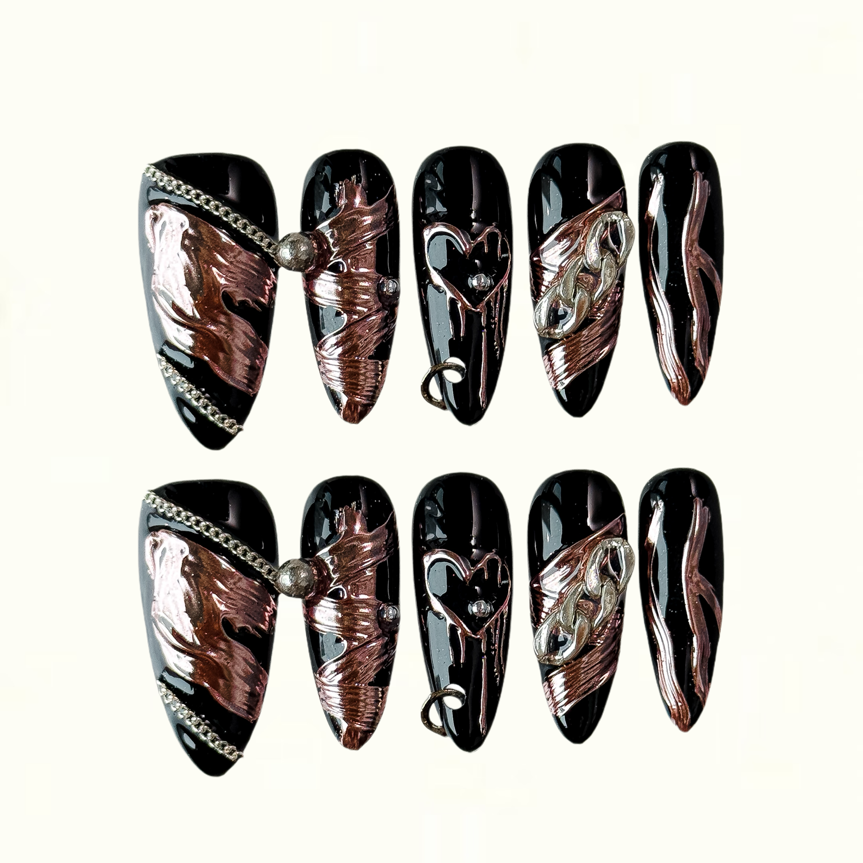 Metal Rebel Black High Gloss Press on Nails with Metallic Accents