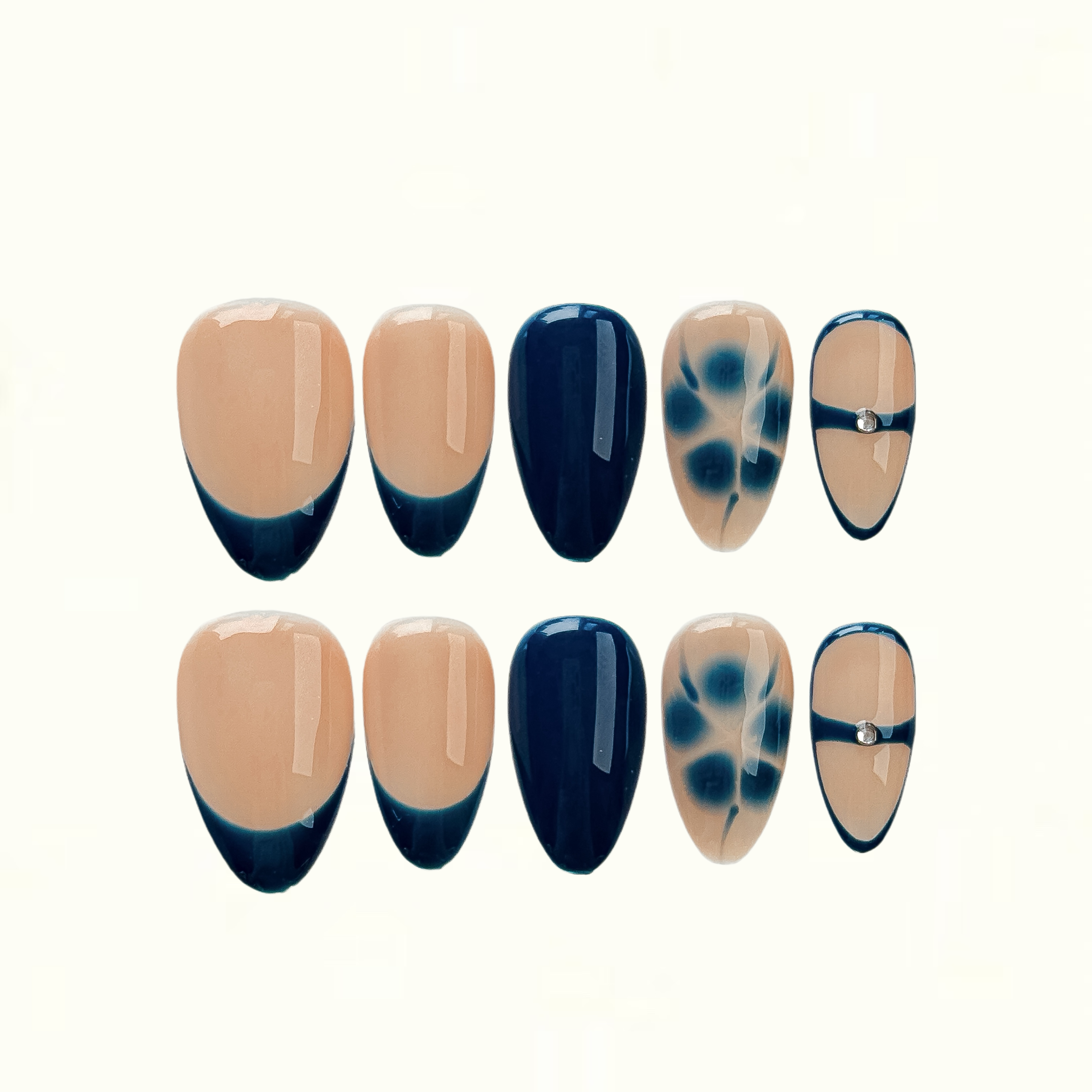 Midnight Bloom Navy and Nude Press on Nails with Smoky Floral Art