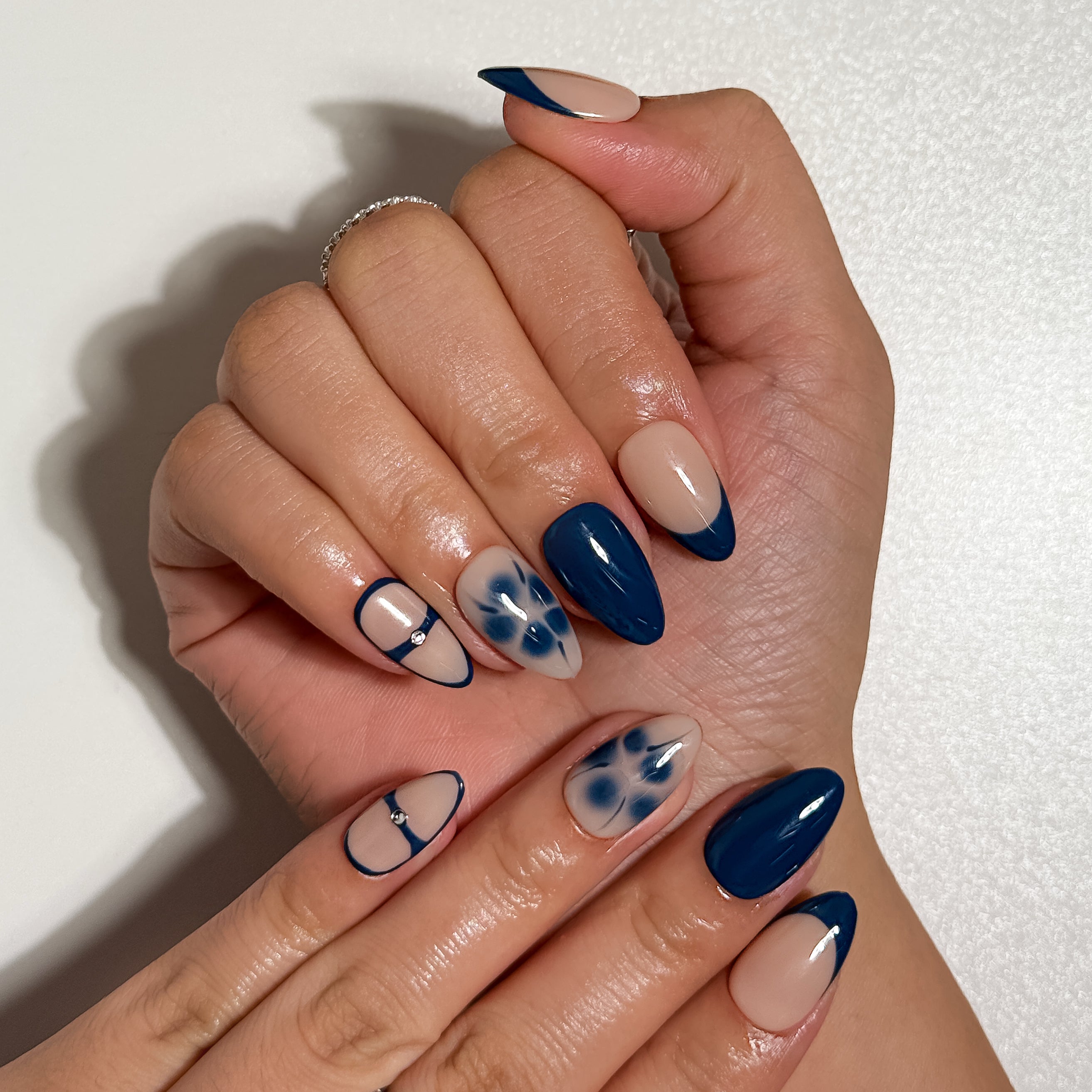 Midnight Bloom Navy and Nude Press on Nails with Smoky Floral Art