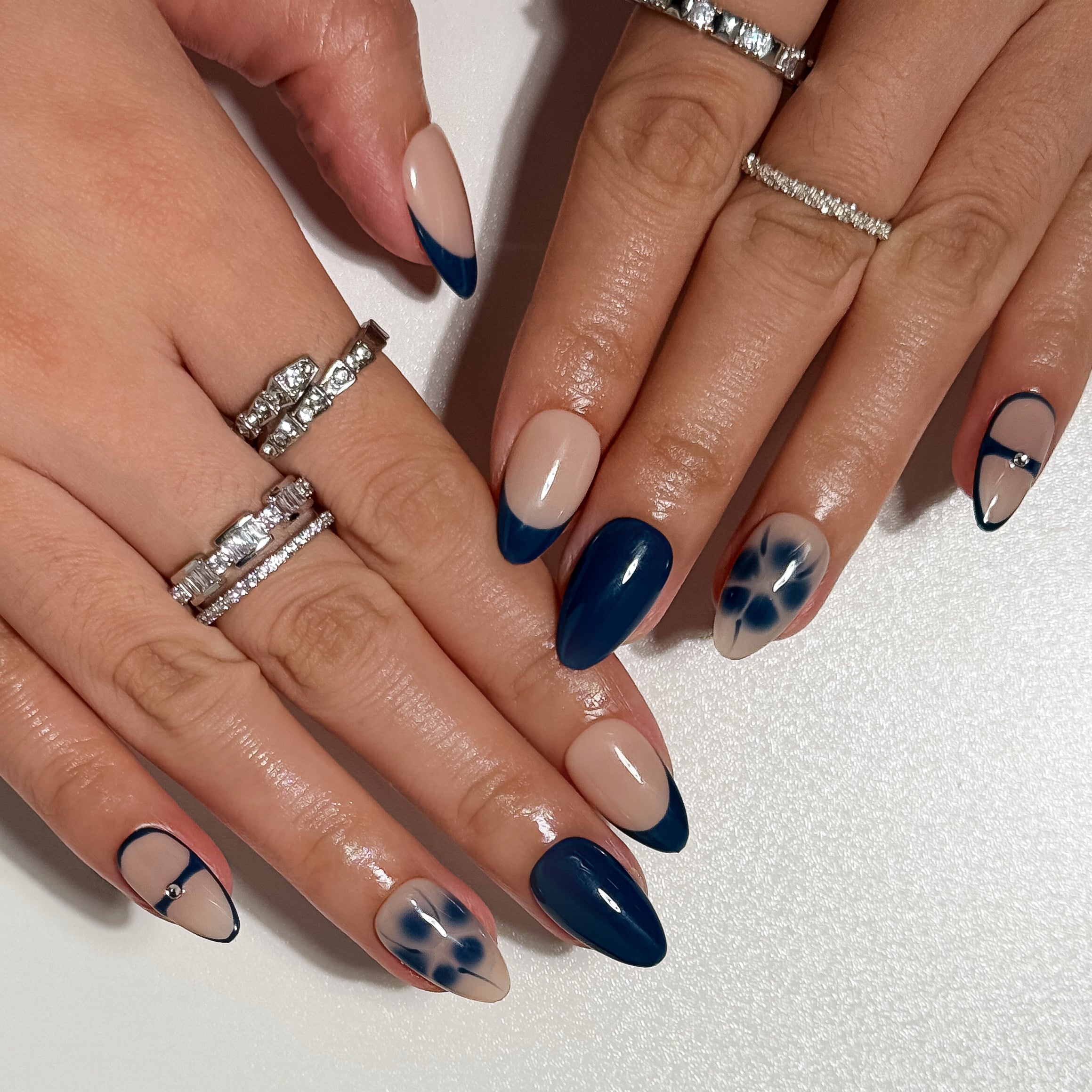 Midnight Bloom Navy and Nude Press on Nails with Smoky Floral Art