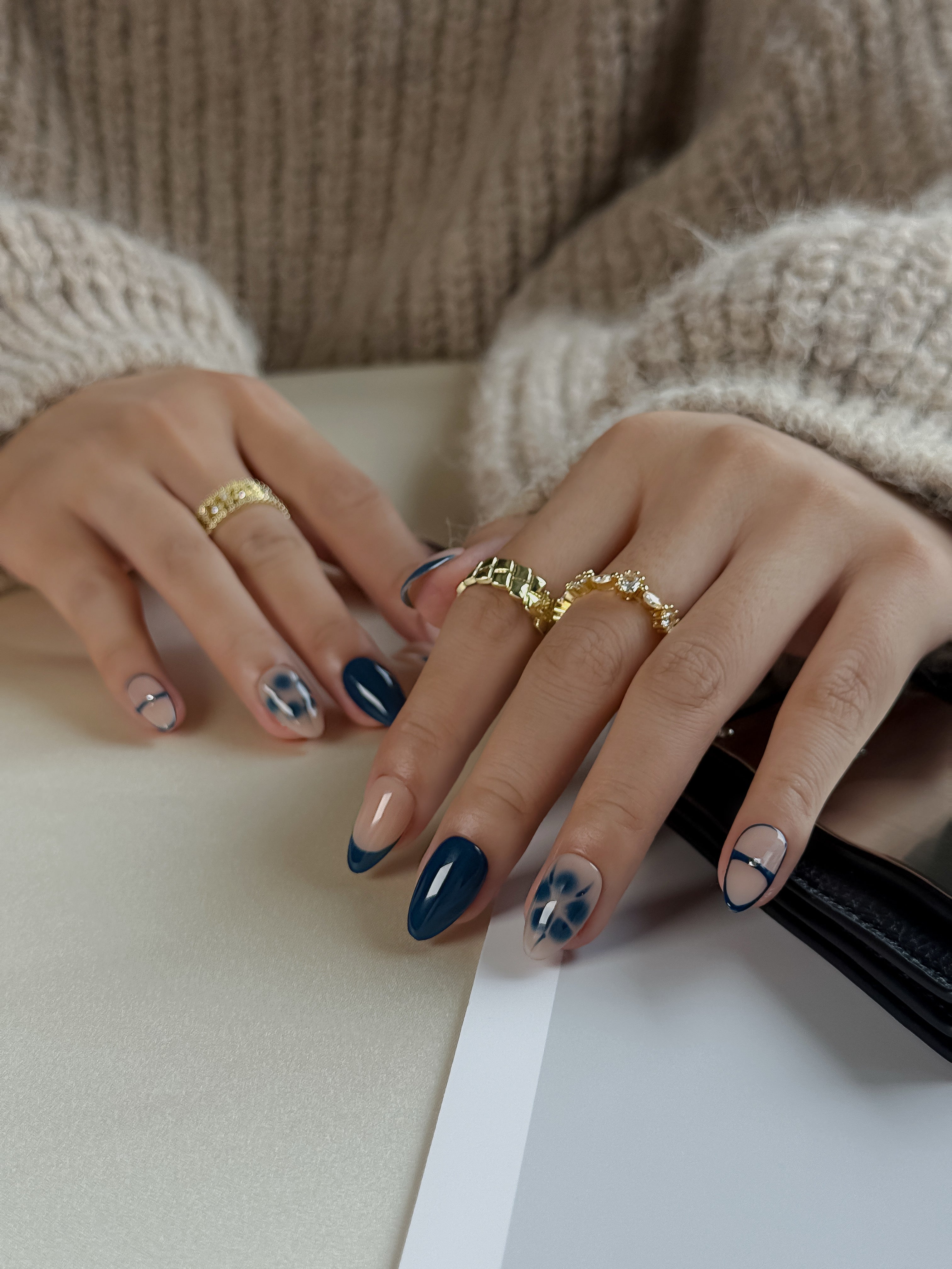 Midnight Bloom Navy and Nude Press on Nails with Smoky Floral Art