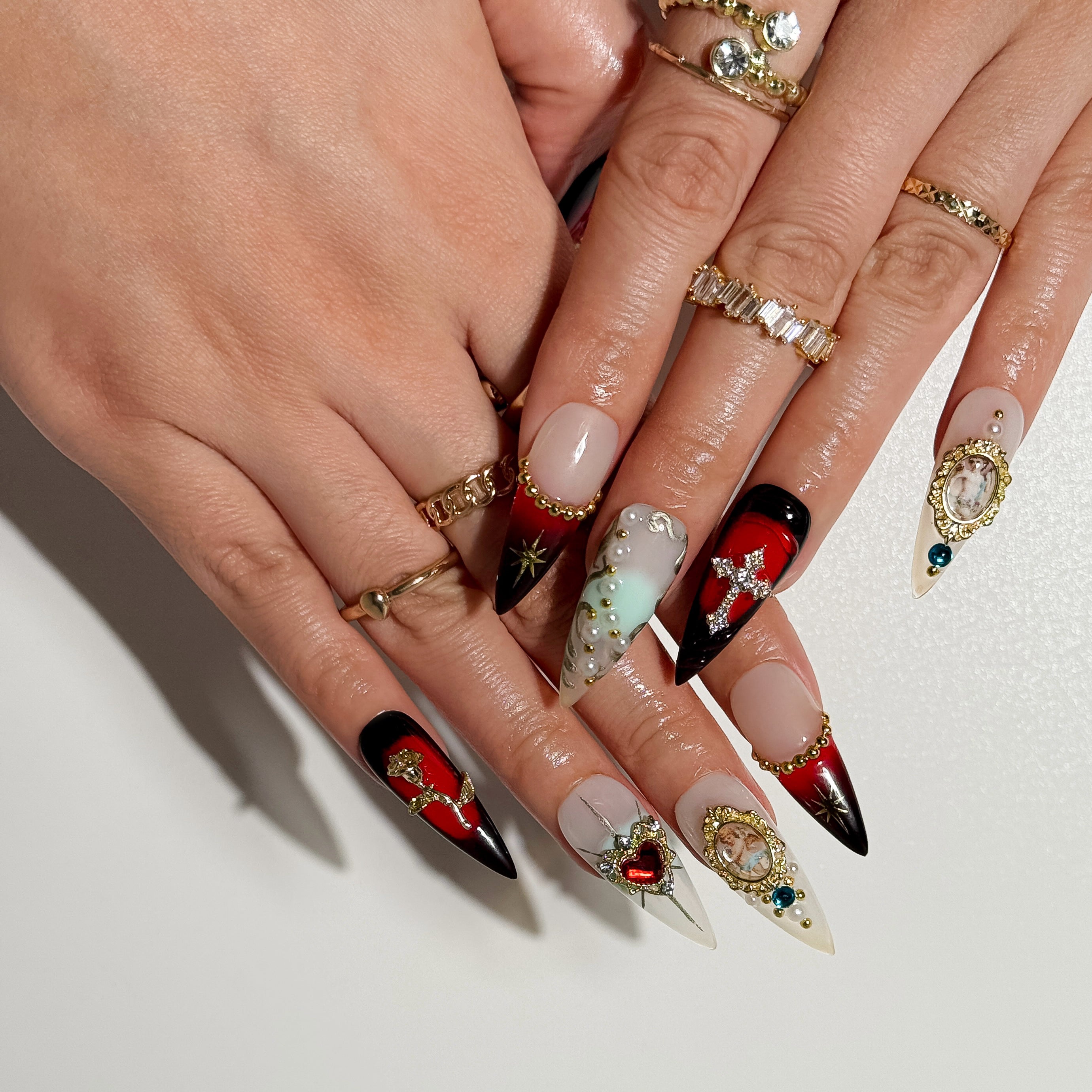 Midnight Cathedral Gothic Crimson and Ivory Press on Nails with Gold