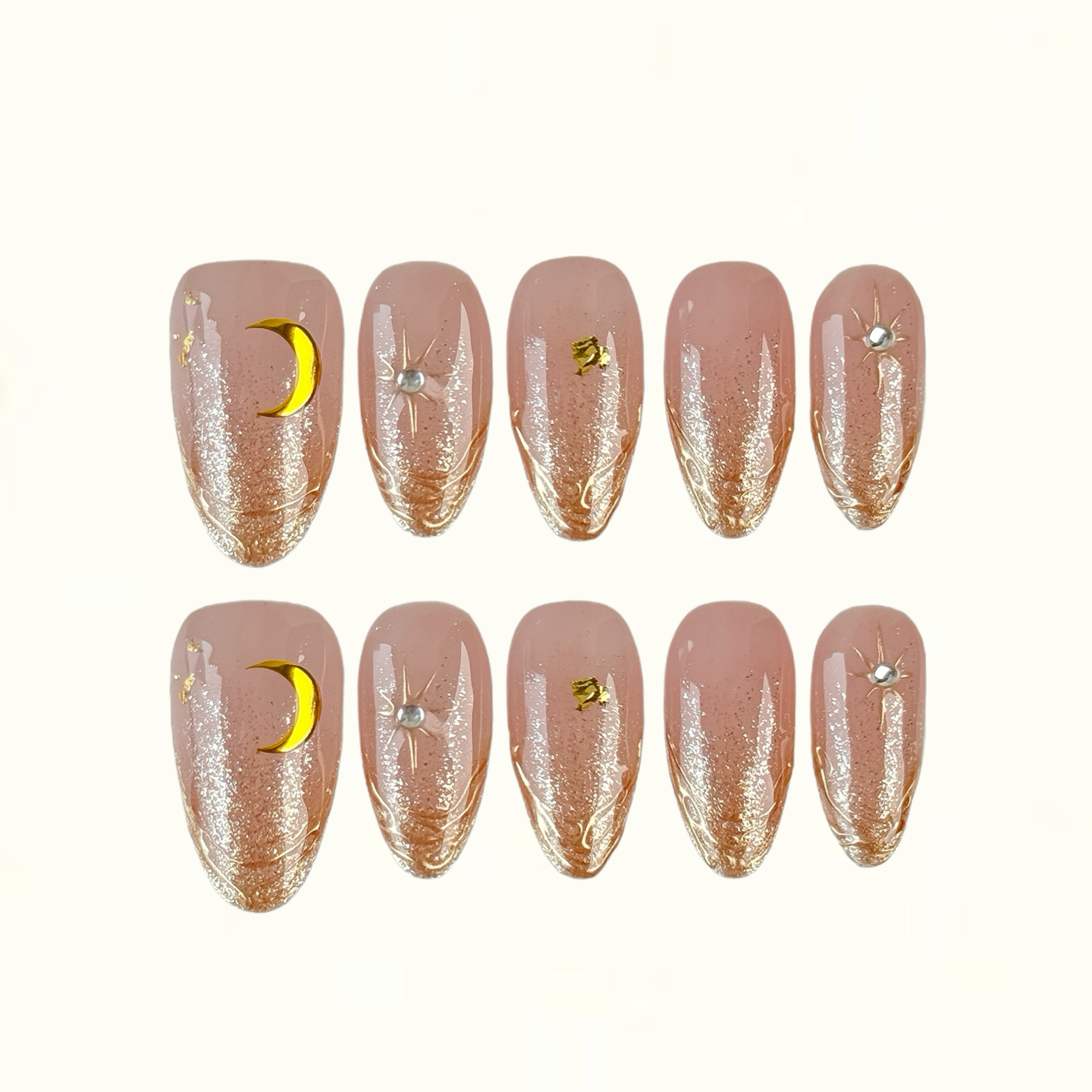 Moonlit Wish Blush Nude Press on Nails with Celestial Gold Charms