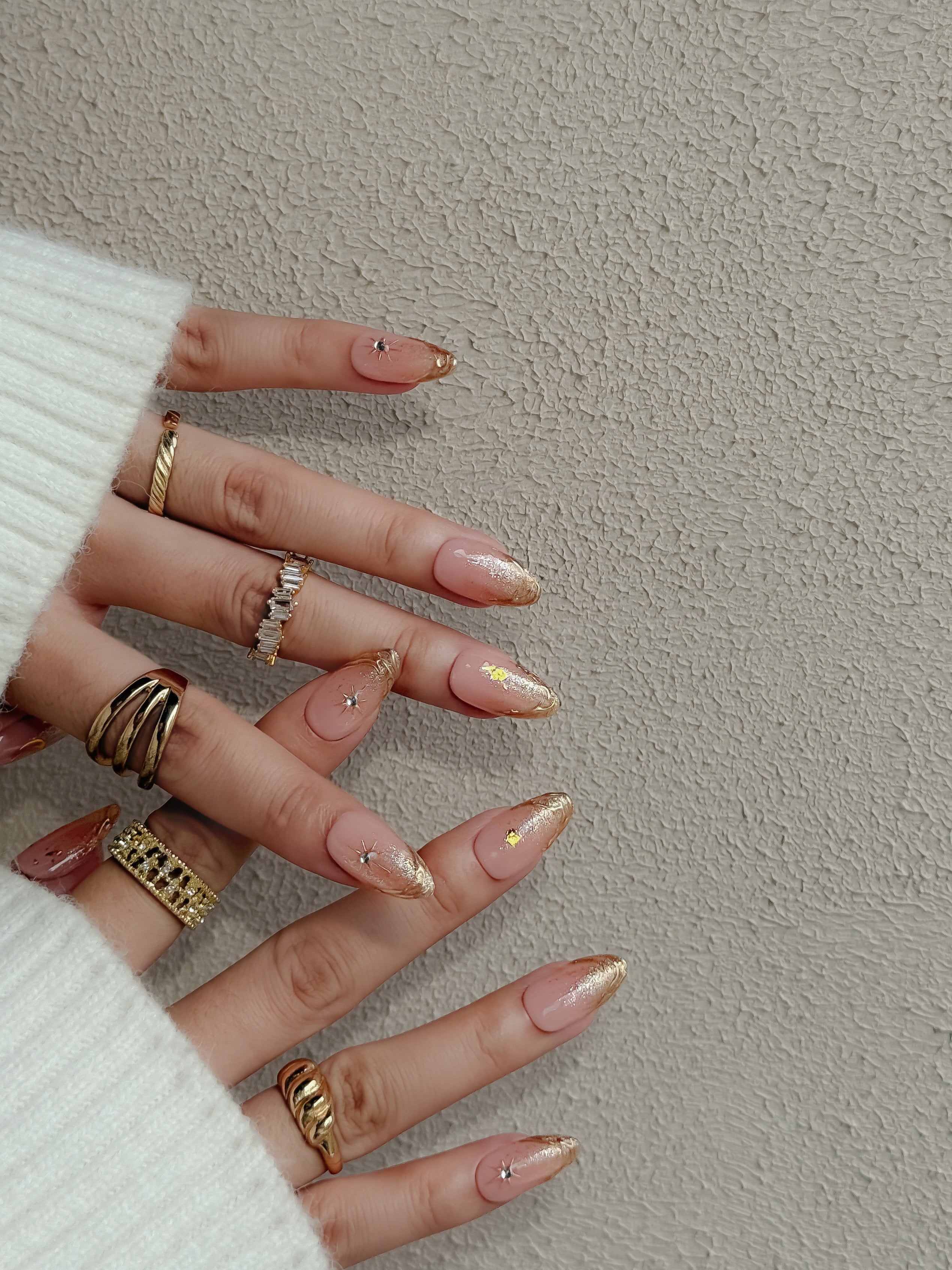 Moonlit Wish Blush Nude Press on Nails with Celestial Gold Charms