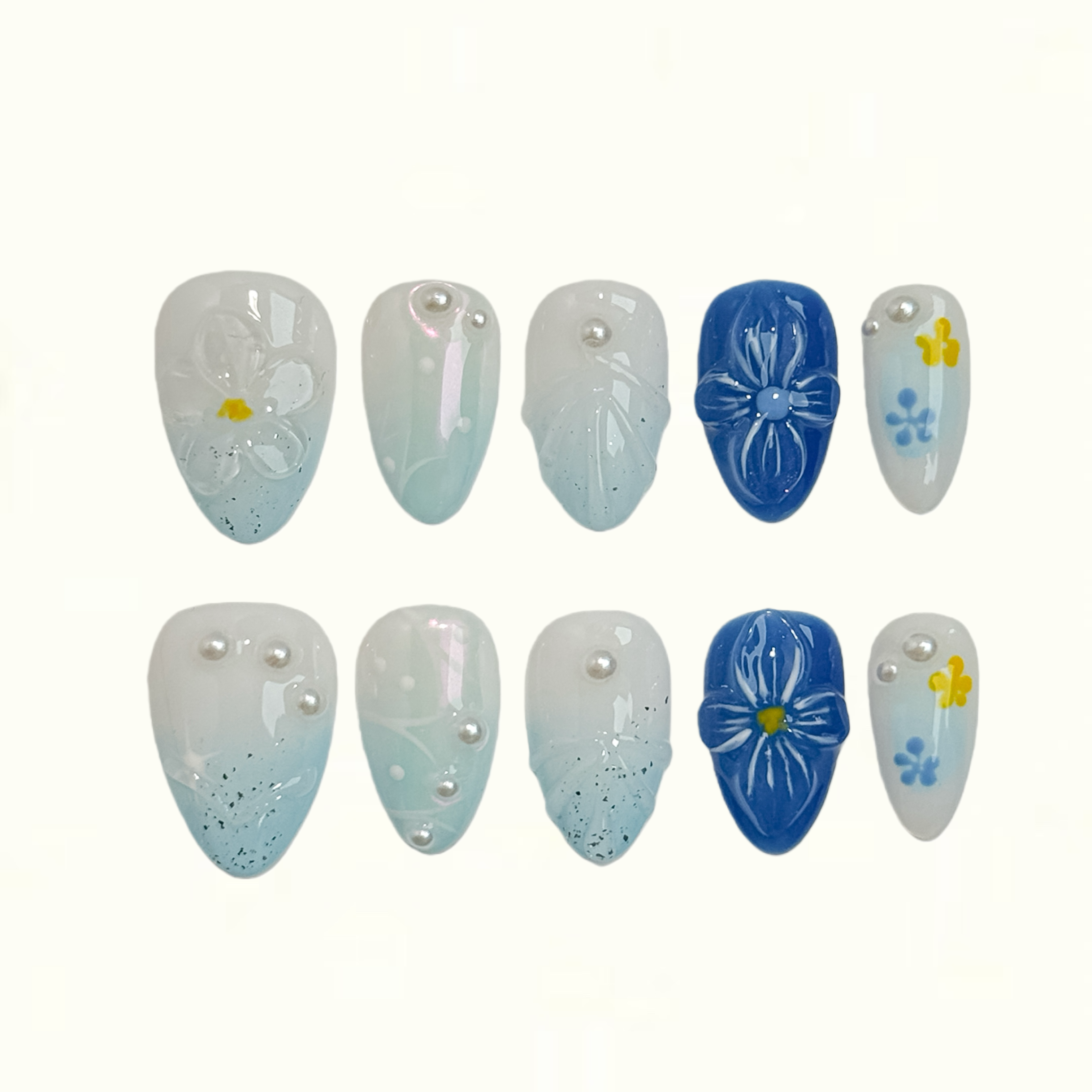 Morning Blue Soft Blue Press on Nails with Pearls and Floral Art
