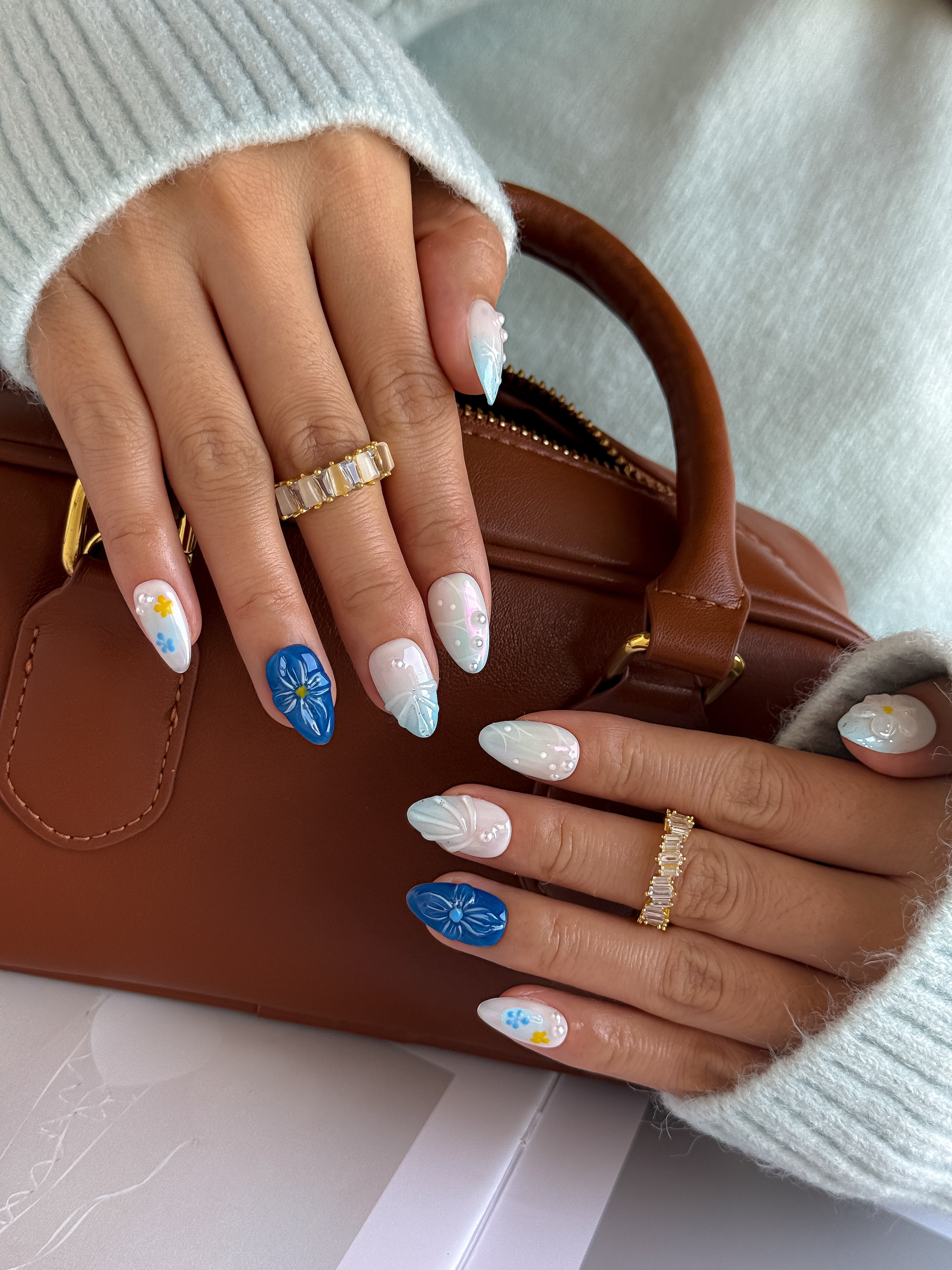 Morning Blue Soft Blue Press on Nails with Pearls and Floral Art