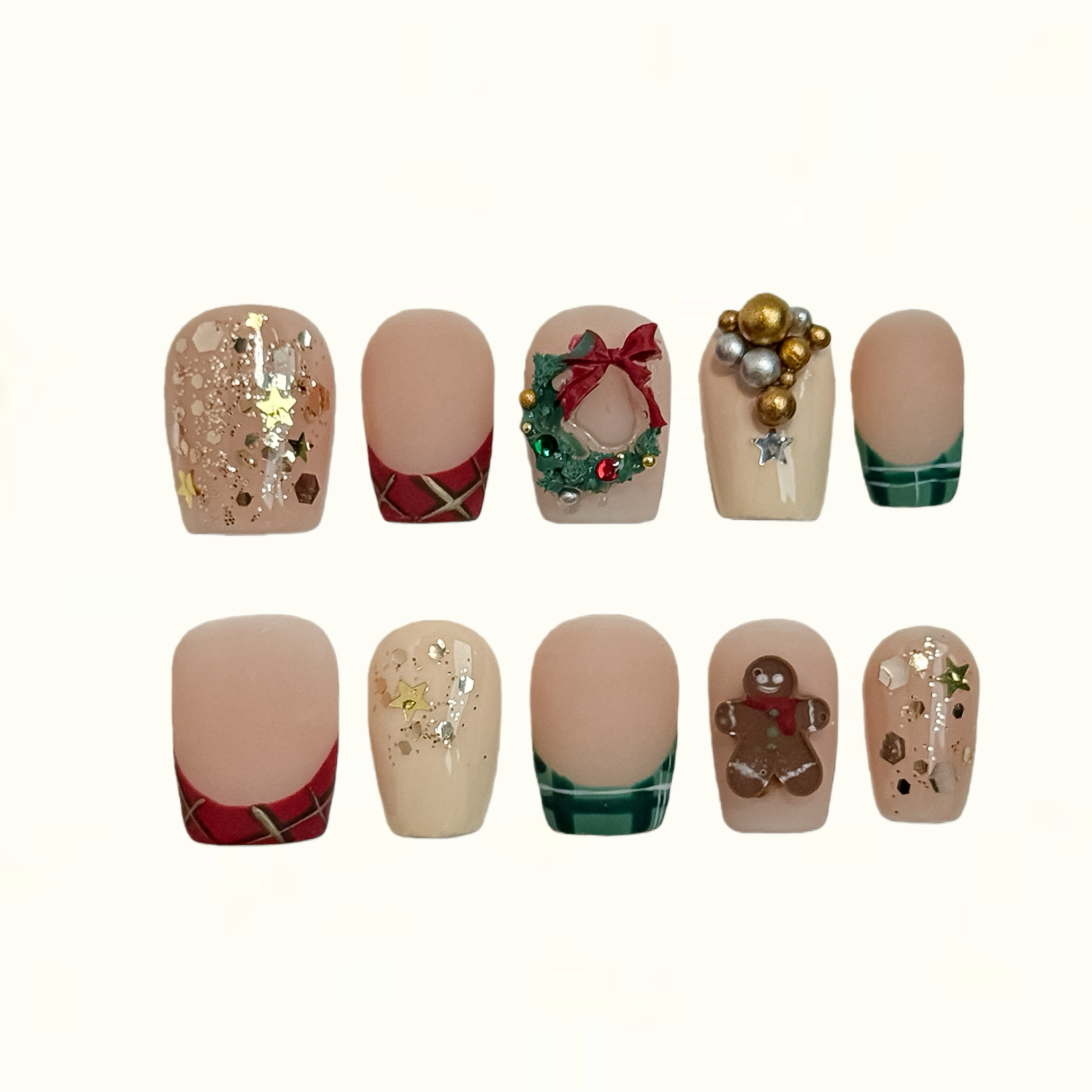 Mr Gingerbread Cozy Holiday Press on Nails with Wreath and Star Art
