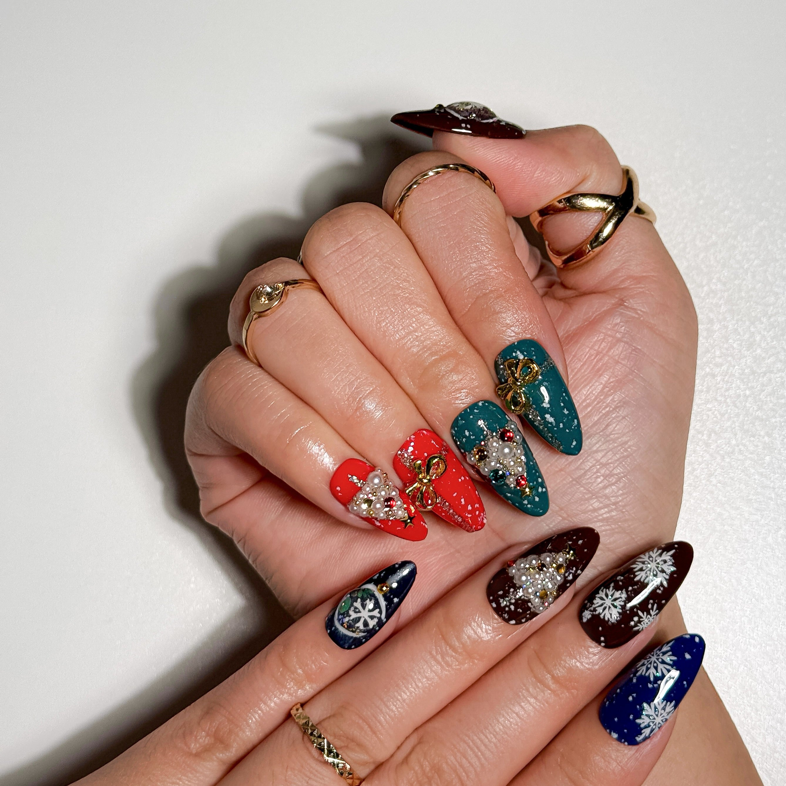 Noel Magic Jewel Tone Holiday Press on Nails with Gold Bows