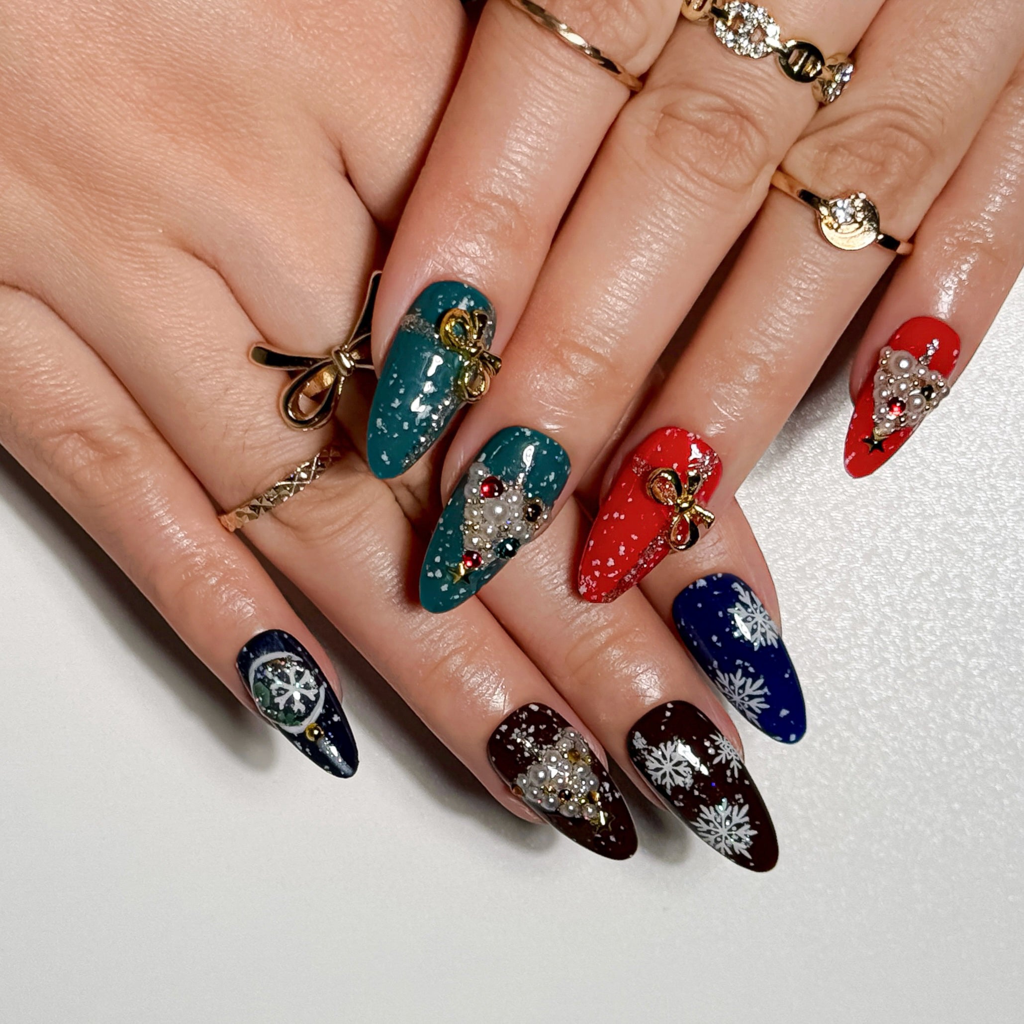 Noel Magic Jewel Tone Holiday Press on Nails with Gold Bows